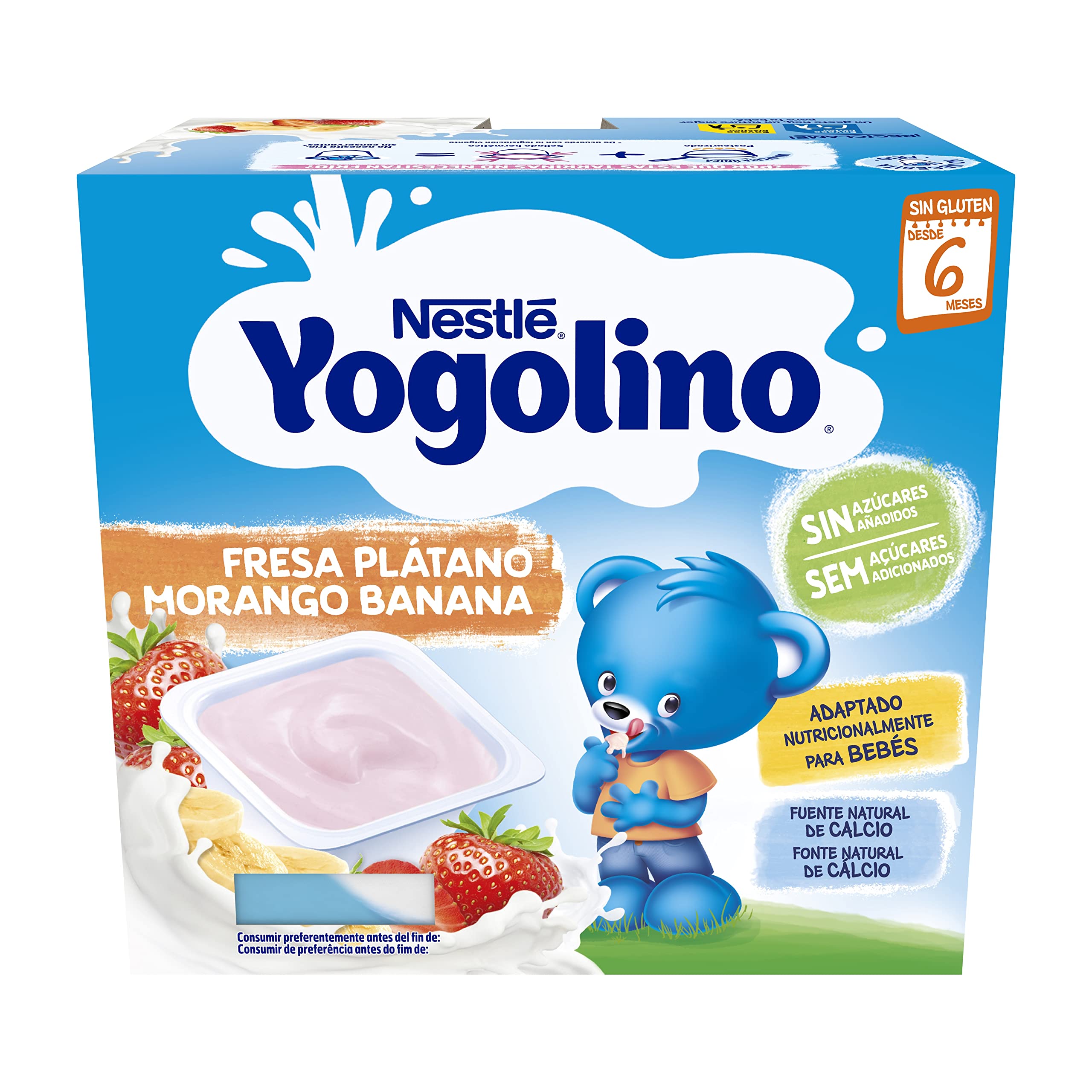 Nestlé Yogolino Fresa Plátano sin Azúcar Añadido, 8+ Meses, 4 x 100g