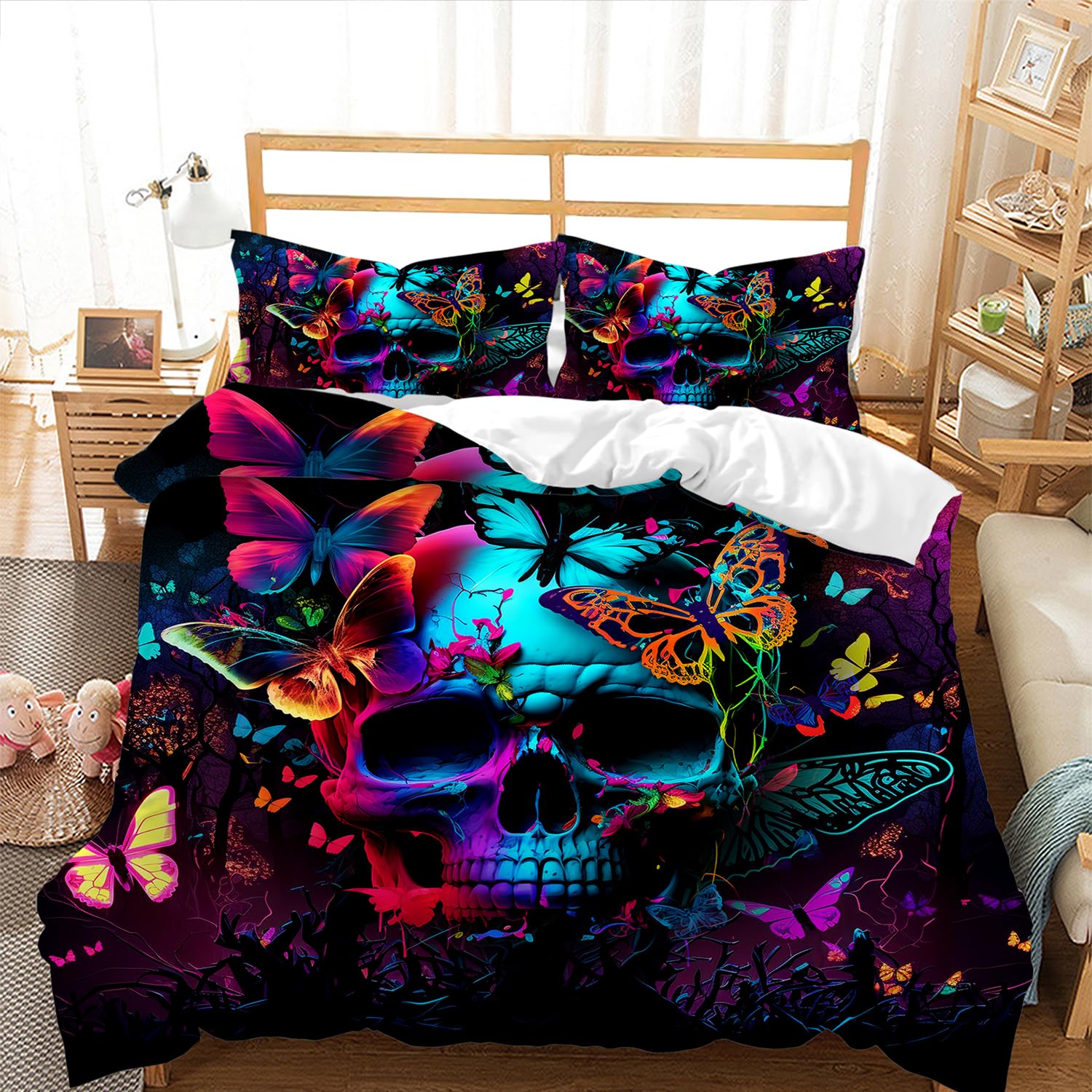 AILONEN Colorful Skull Duvet Cover Set Queen Size,Gothic Butterfly Skull Bedding Set for Boys Girls,3 Piece Skeleton Themed Soft Comforter Cover with 2 Pillowcases