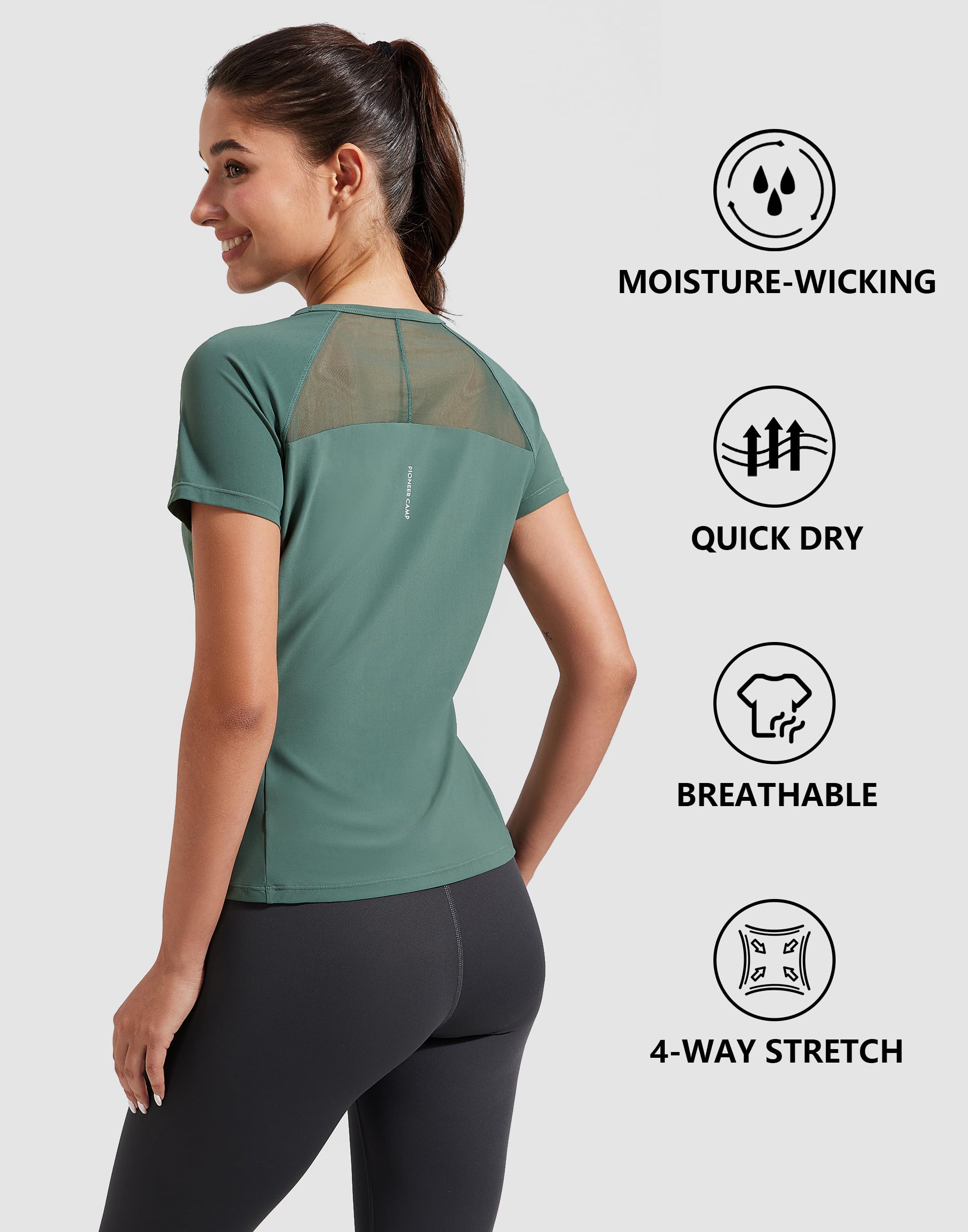 Pioneer Camp Damen Sport T-Shirt Kurzarm, Atmungsaktiv Schnelltrocknend, Funktionsshirt mit Netzeinsatz am Rücken, Figurbetontes Laufshirt für Fitness Gym Yoga Outdoor