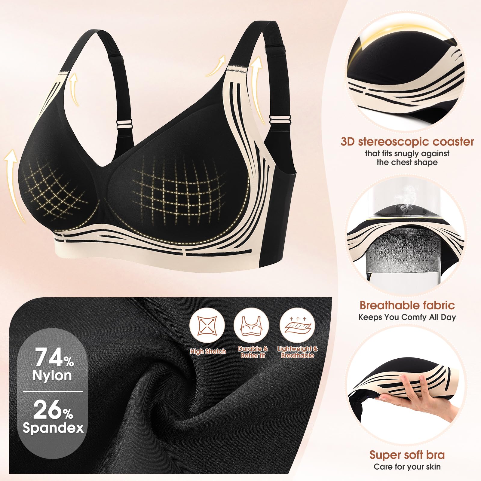 XJBTBA Biustonosze damskie Plus Size Biustonosz push-up bez fiszbin Pełne pokrycie Staniki podtrzymujące Wygodny bezprzewodowy biustonosz bez szwu Biustonosz damski na co dzień z wyjmowaną wyściółką