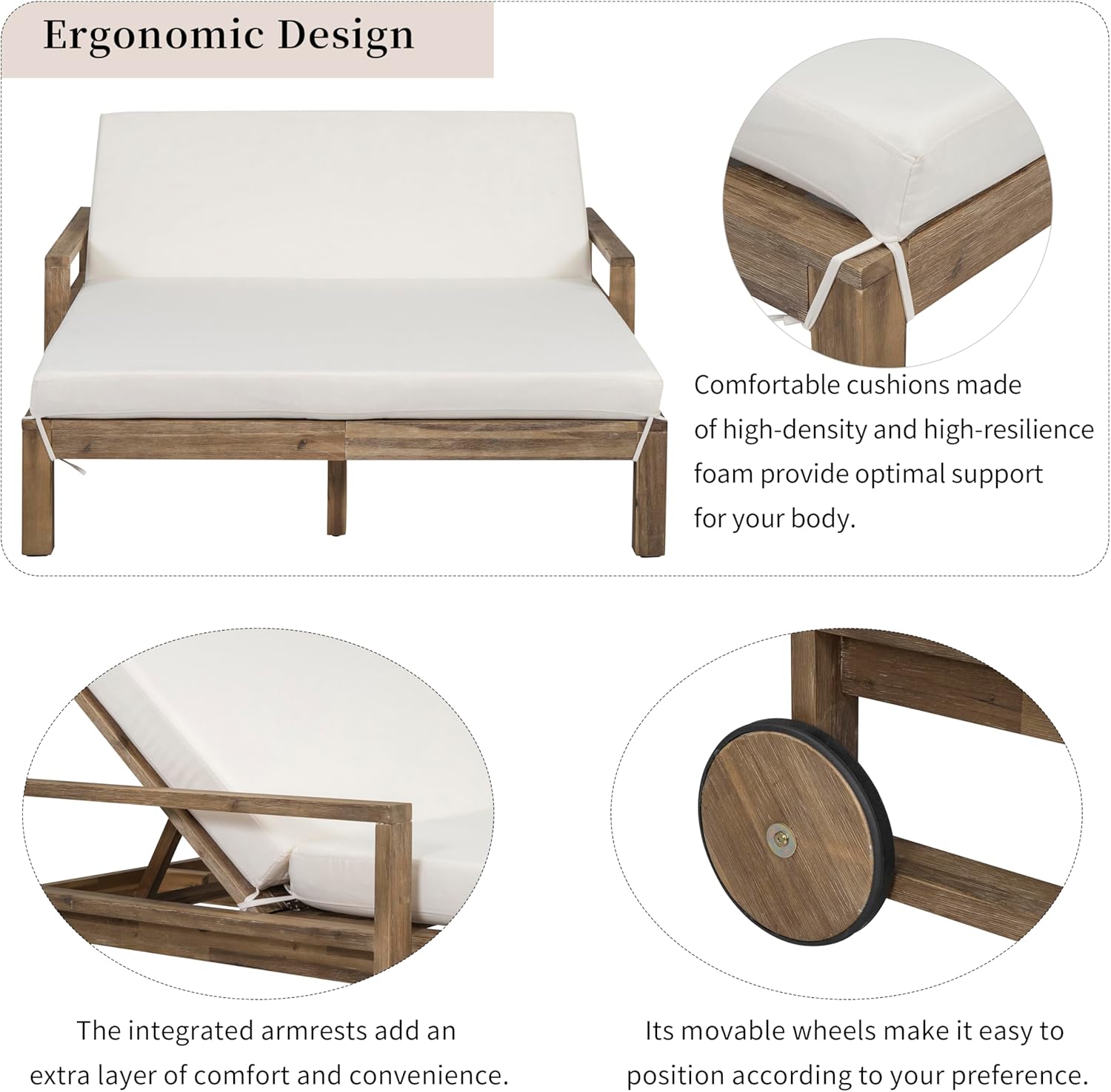 LUMISOL Outdoor Patio Daybed with Movable Wheels, Wooden Farmhouse Sunbed with Cushions, Outdoor Furniture Seating 2 People for Poolside Lawn Backyard, Beige