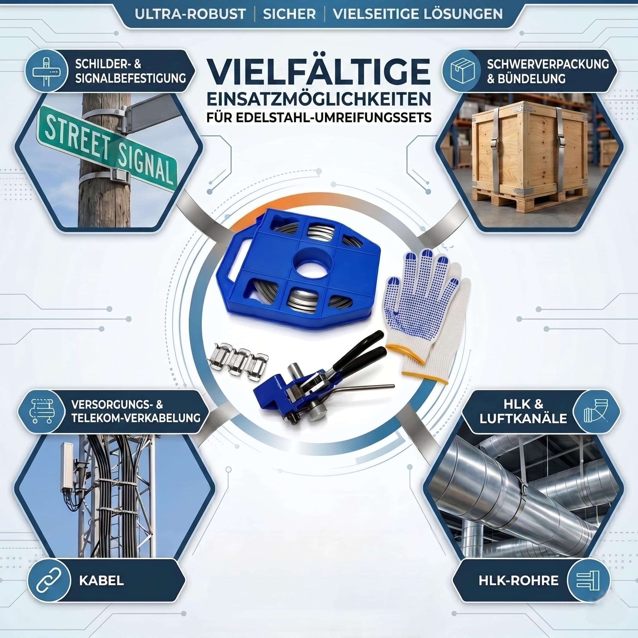 Stahl-Umreifungsset mit Bandspannwerkzeug, 30 m Band 19 x 0,76 mm, 30 Schnallen, Handschuhe, Stahl-Spanner mit Schneidgriff für HLK-Rohre, Kabel, Schilder, Paletten-Montage