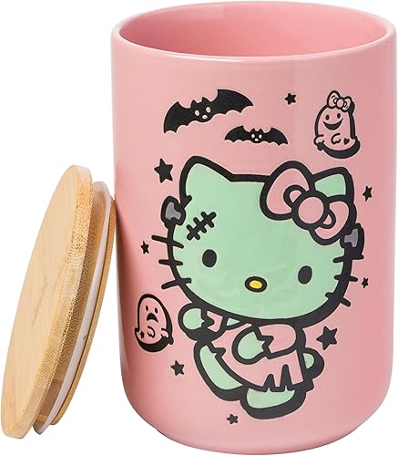 Miniatura 10 de Silver Buffalo-Tarro de cerámica para dulces, galletas o aperitivos con tapa hermética de bambú, de Hello Kitty, de Sanrio, con disfraz de esqueleto