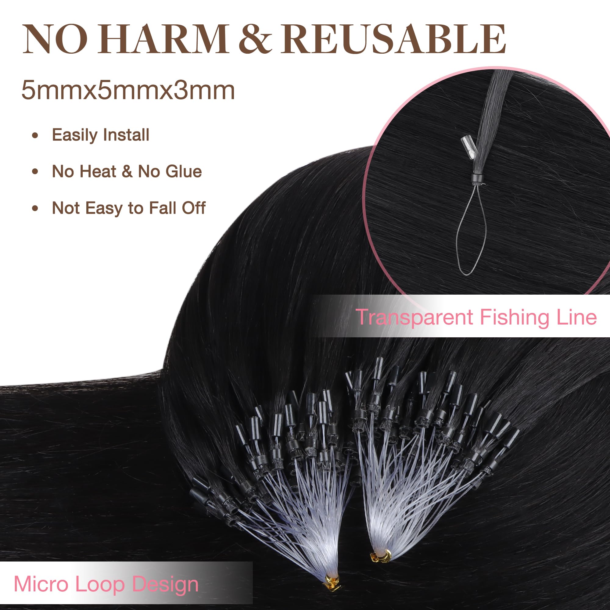 GOO GOO Micro Loop Hair Extensions Real Human Hair, Jet black 50g 14inch 50 Strands Cold Fusion Micro Bead Extensions - Image 4