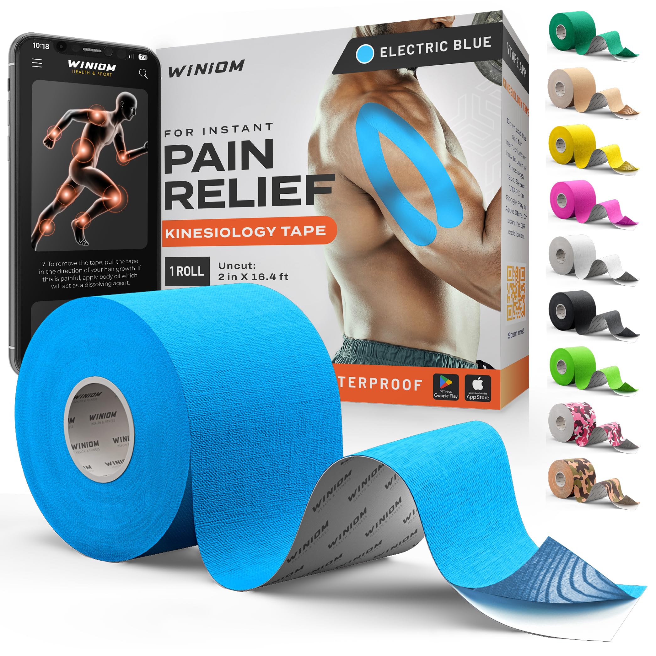 Kinesiology Tape - Waterproof Athletic Sports Tape for Knee, Shoulder, Arm &amp; Back Support | 3-5 Day Adhesion, Hypoallergenic &amp; Latex-Free + Taping Guide (Uncut, 2"x16.4ft Roll, Electric Blue)