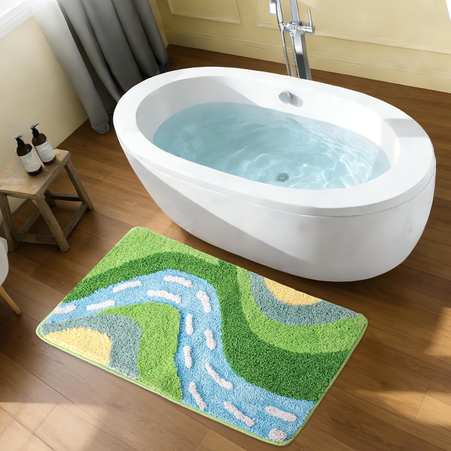 Tufted Lake Path Landscape Shaggy and Soft Bath Mat, Soft and Absorbent Microfiber Bath Rug, Machine Washable, Non Slip Bath Mat for Bathroom, Tub and Shower, Home Decor Yellow, 44''x24''