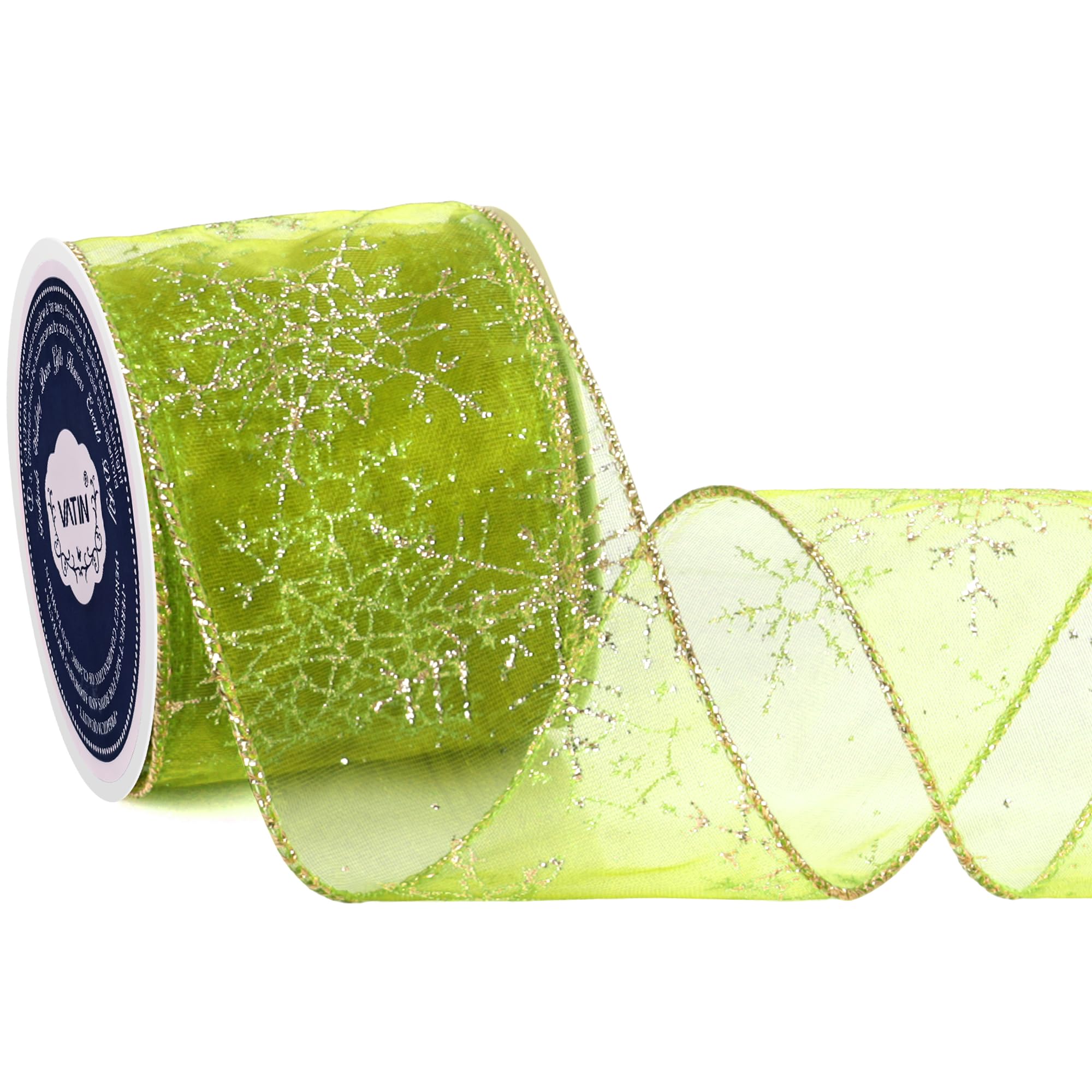 VATIN Spring Moss Organza Sheer Ribbon With Gold Glitter Snowflake Pattern, Metallic Edge Wired