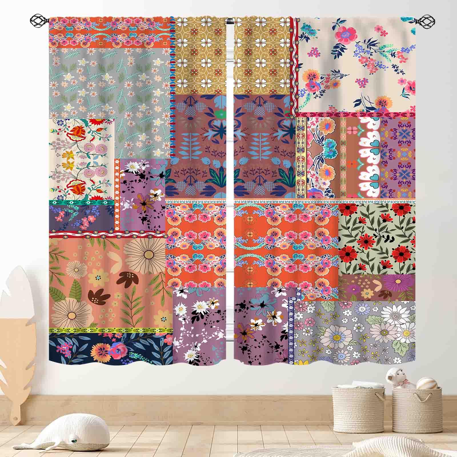 TKUYO Boho Floral Curtains, Vintage Patchwork Flower Bohemian Colorful Spring Retro Pattern Stitching Bohemian Window Curtains for Living Room Bedroom