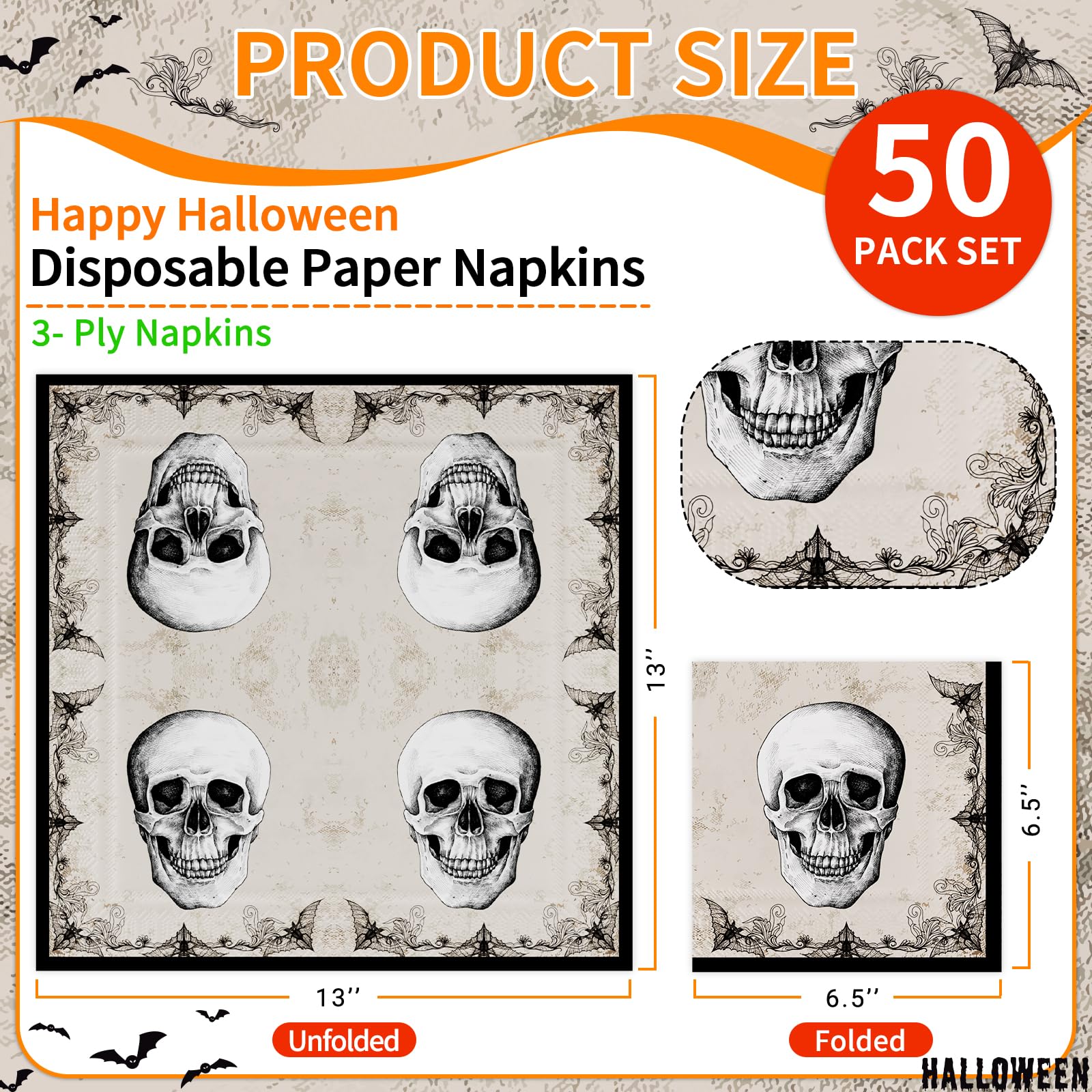 DYLIVeS Halloween Party Napkins, Halloween Skull and Bats Disposable Paper Napkins, Halloween Party Supplies for Luncheon Dessert Cocktail Halloween Birthday Party Decor Boys Kids, 50 Pcs, 3 -ply