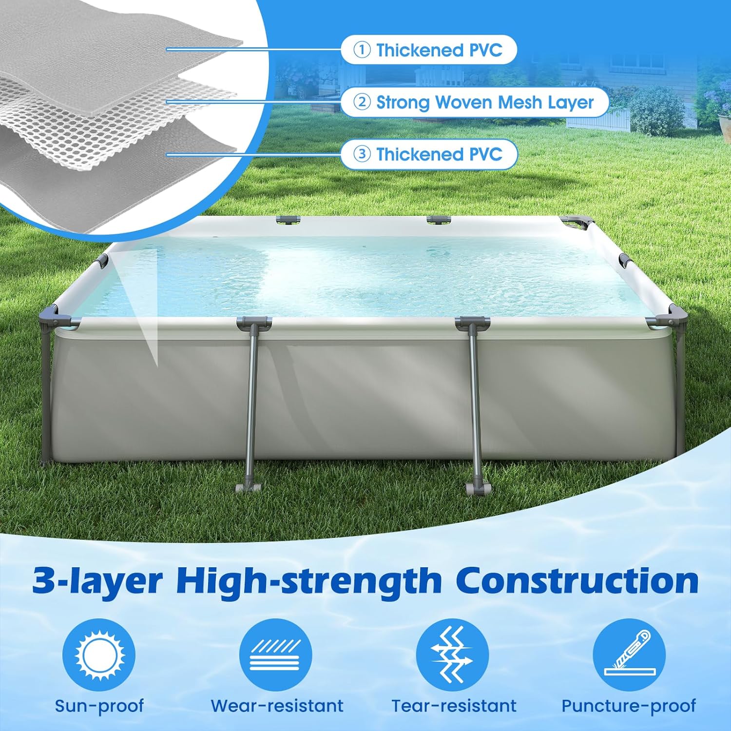 GYMAX 10' x 6.8' x 26" Metal Frame Above Ground Swimming Pool, Outdoor Backyard Famliy Pool w/Puncture-Resistant Fabric, Drainage Valve Connector for Kids & Adults (10' x 6.8' x 26", Rectangle, Grey)