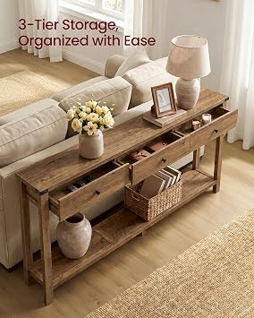 VASAGLE 63 Inche Narrow Console Table with 3 Drawers and Open Storage Shelf