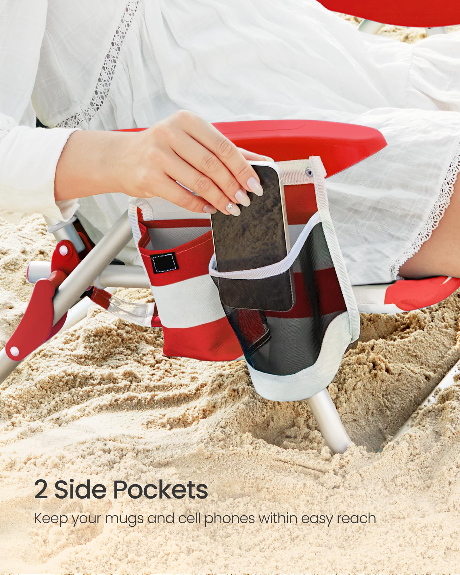 SONGMICS Silla de playa, silla de camping plegable, silla portátil para exteriores, capacidad de 332 libras, llevar como mochila, con respaldo ajustable, reposacabezas, reposabrazos, 2 bolsillos
