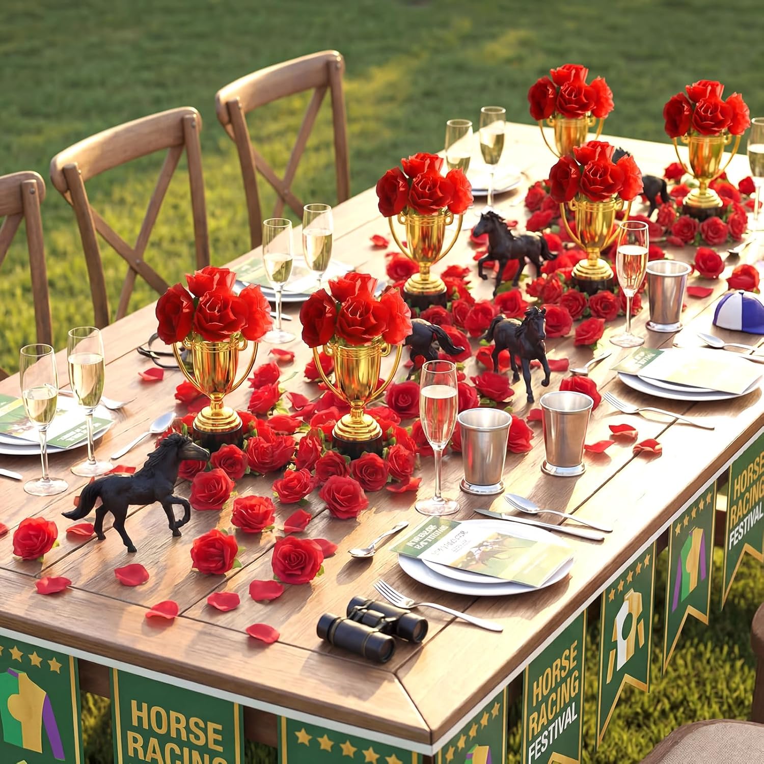 Wenqik Derby Horsing Racing Party Decoration Small Standing Table Centerpieces 100 Red Roses 6 Golden Trophies and 6 Horses for Wedding Freestanding Table Decor Horse Themed Party Favor Bulk