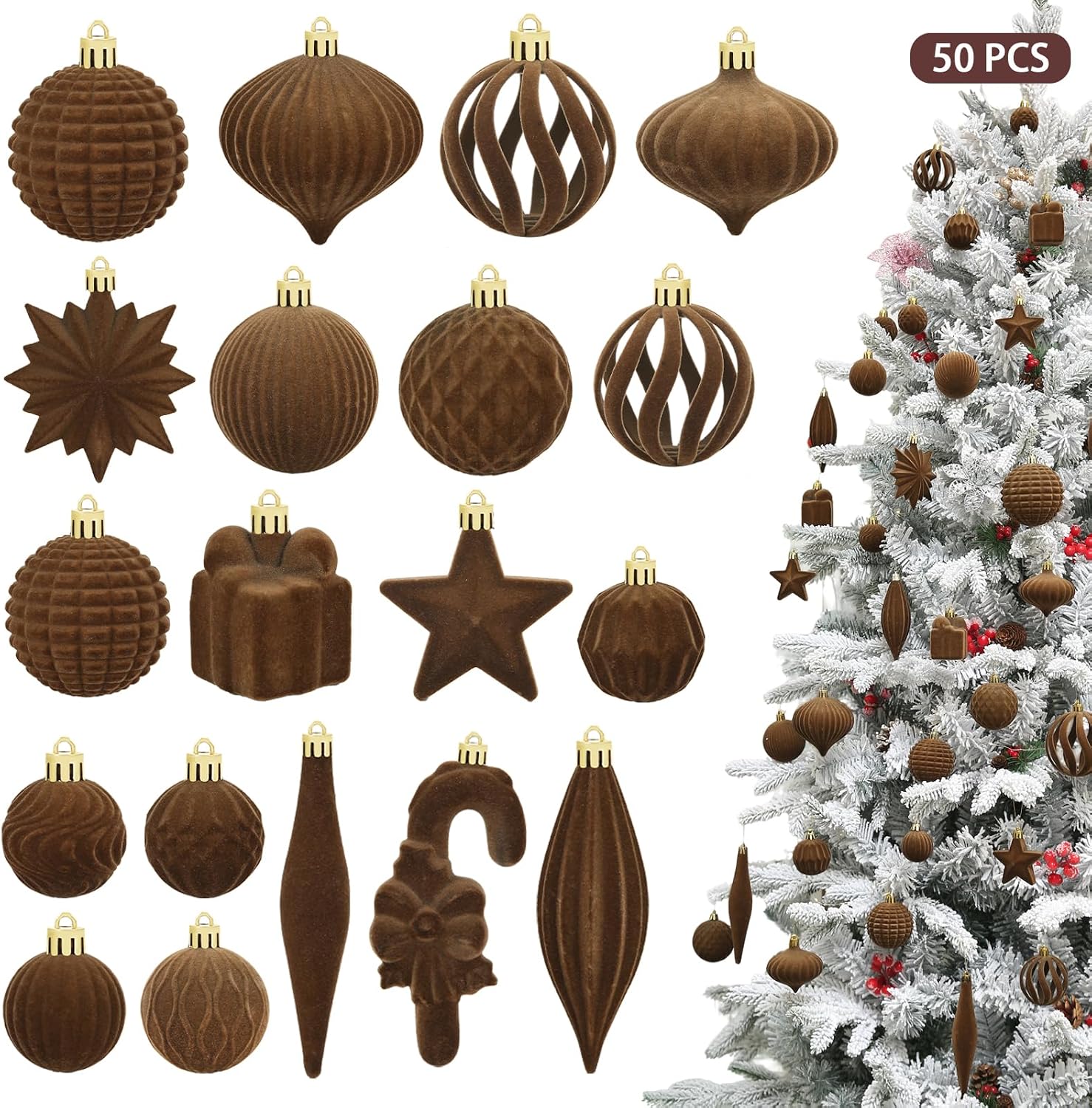50 Pcs Brown Velvet Christmas Balls Bulk, Hanging Balls Flocked Ornaments for Xmas Tree Decorations Wedding Wreath Garland Holiday Party Office Home Decor