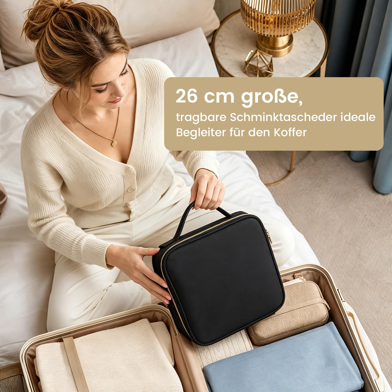 Kosmetiktasche Damen Make up Tasche Make up Koffer Kosmetikkoffer Kleine Schminktasche Schminkkoffer Make up Organizer Tasche Make up Bag mit Verstellbaren Teiler,Schwarz