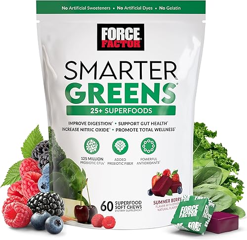 FORCE FACTOR Smarter Greens Superfood - Masticables, verduras y superalimentos con probióticos, antioxidantes y fibra, suplemento de verduras para