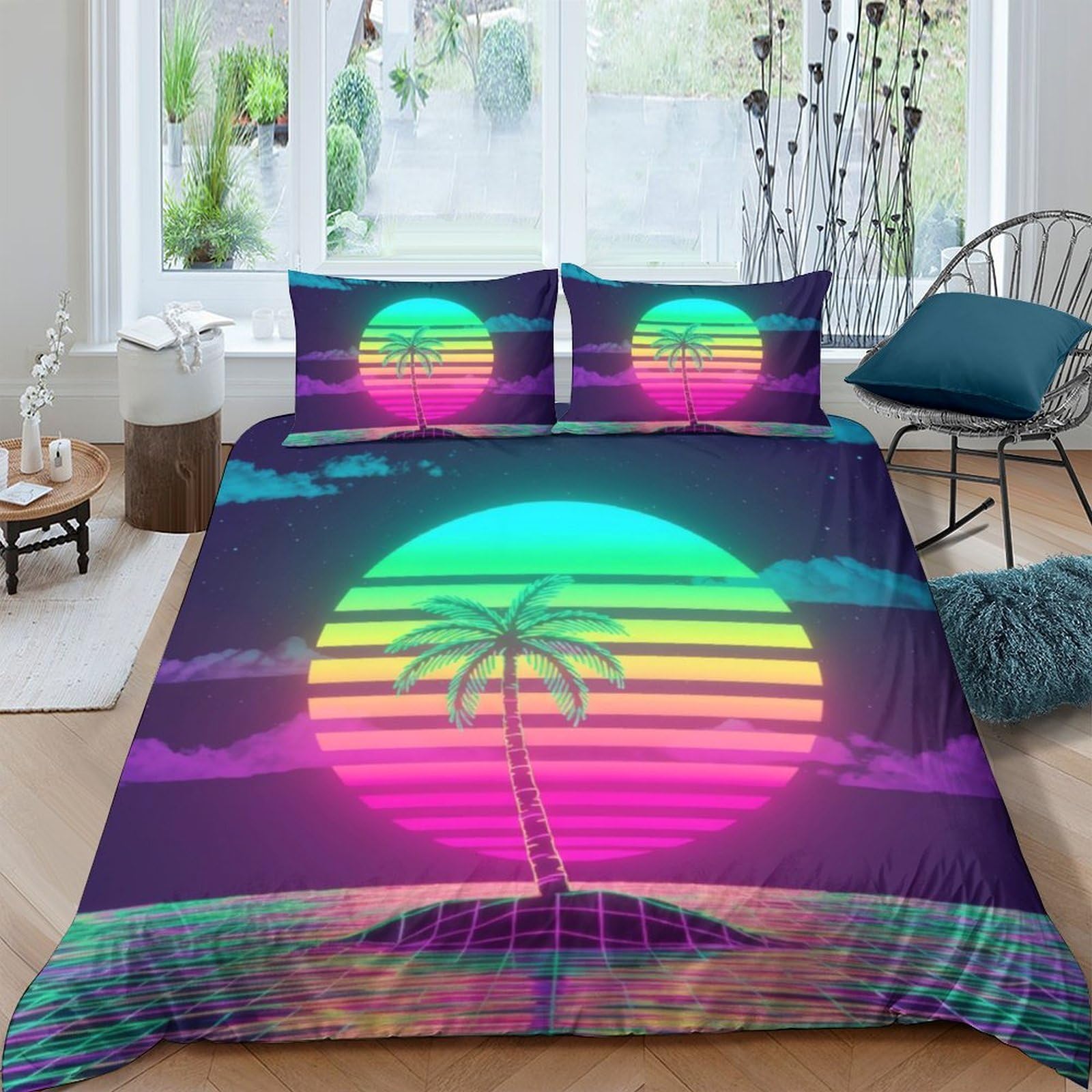 Ctjqhvkz Style-2 3D Printed Sunset Palm Fitted Sheet Microfiber Soft Gradient Neon Island Mattress Cover For Bedroom Decor Single（135X200cm）