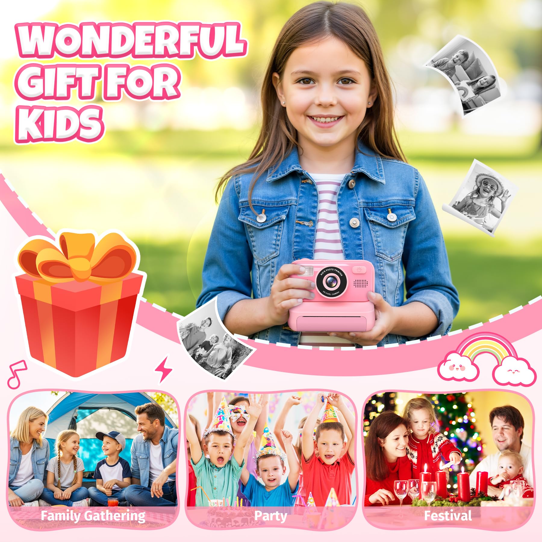 Appareil Photo Instantané Enfants, 2.4" Écran Selfie Appareil Photo instantané Enfant avec Carte de 32GB & 3 Rouleaux de Papier d'impression, Jouet Cadeau Noël Fille Garcon 3 à 12 Ans(Rose)
