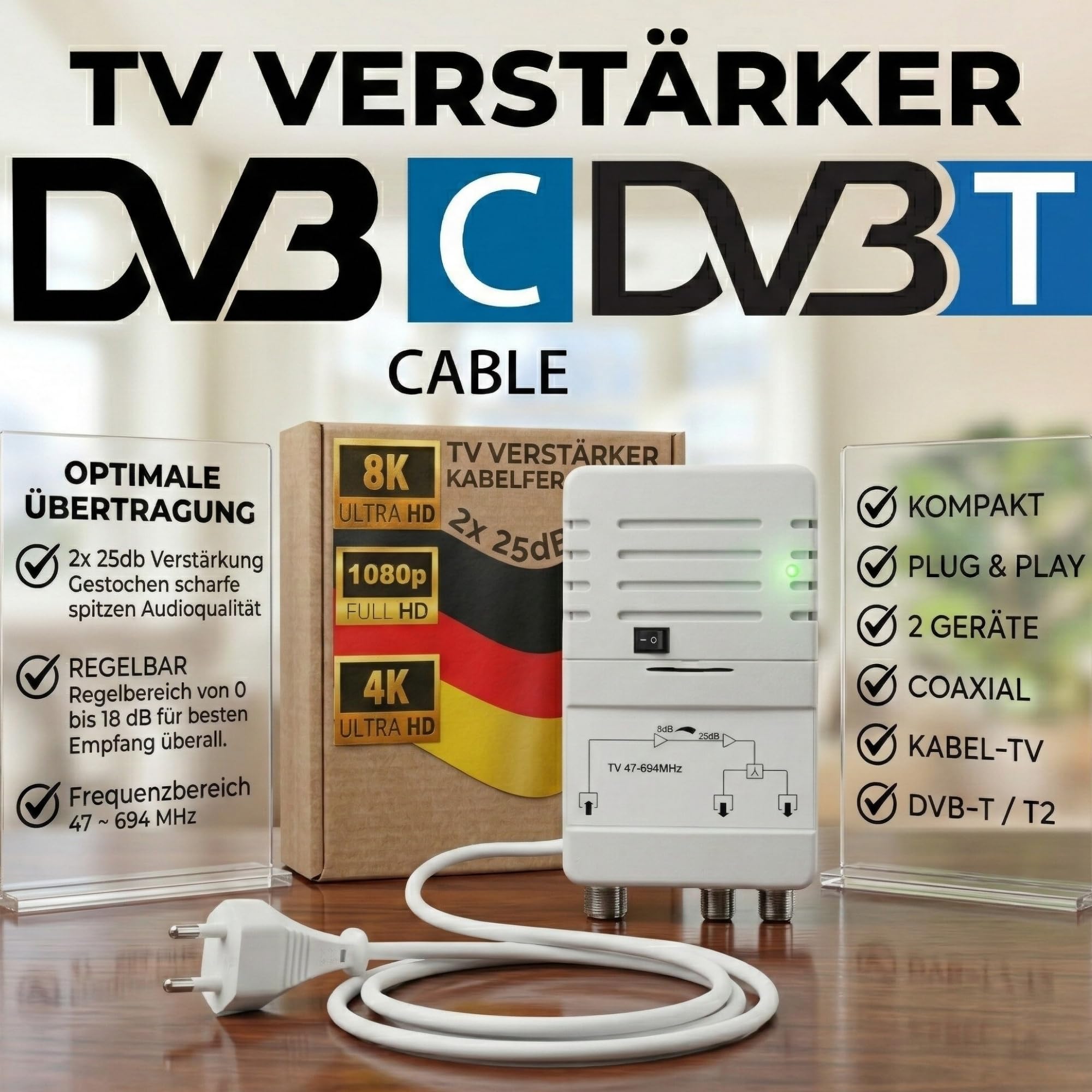 TronicXL Amplificateur de télévision par câble pour HD 3D 4K 8K adapté à PYUR Vodafone (25dB - 2 appareils)