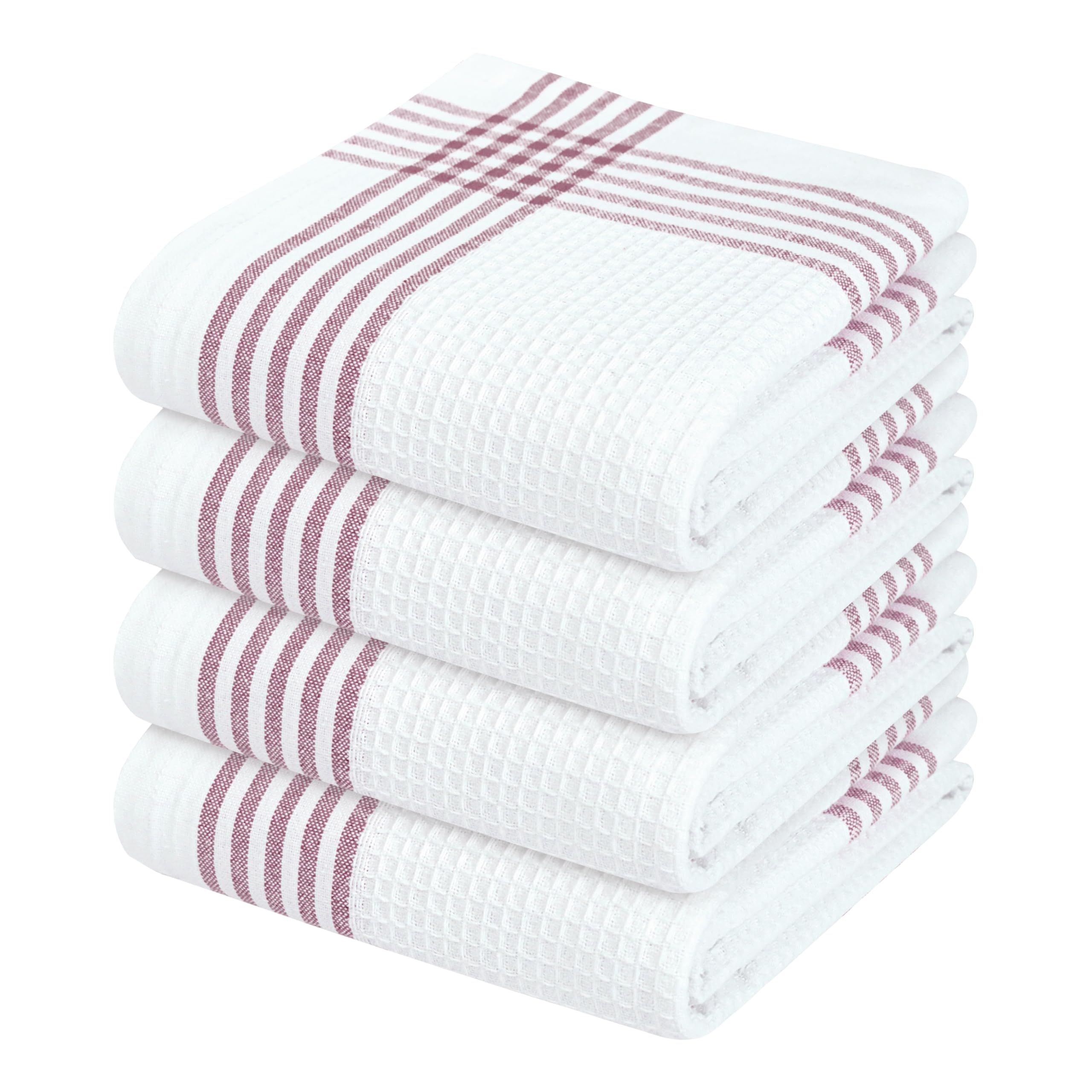 Waffle White &amp; Burgundy Wine Dish Towels Set of 4, 100% Cotton, 16x26 inches, Reusable Cleaning Cloths for Drying Dishes, Quick Dry Kitchen Towel, Durable for Heavy-Duty Use