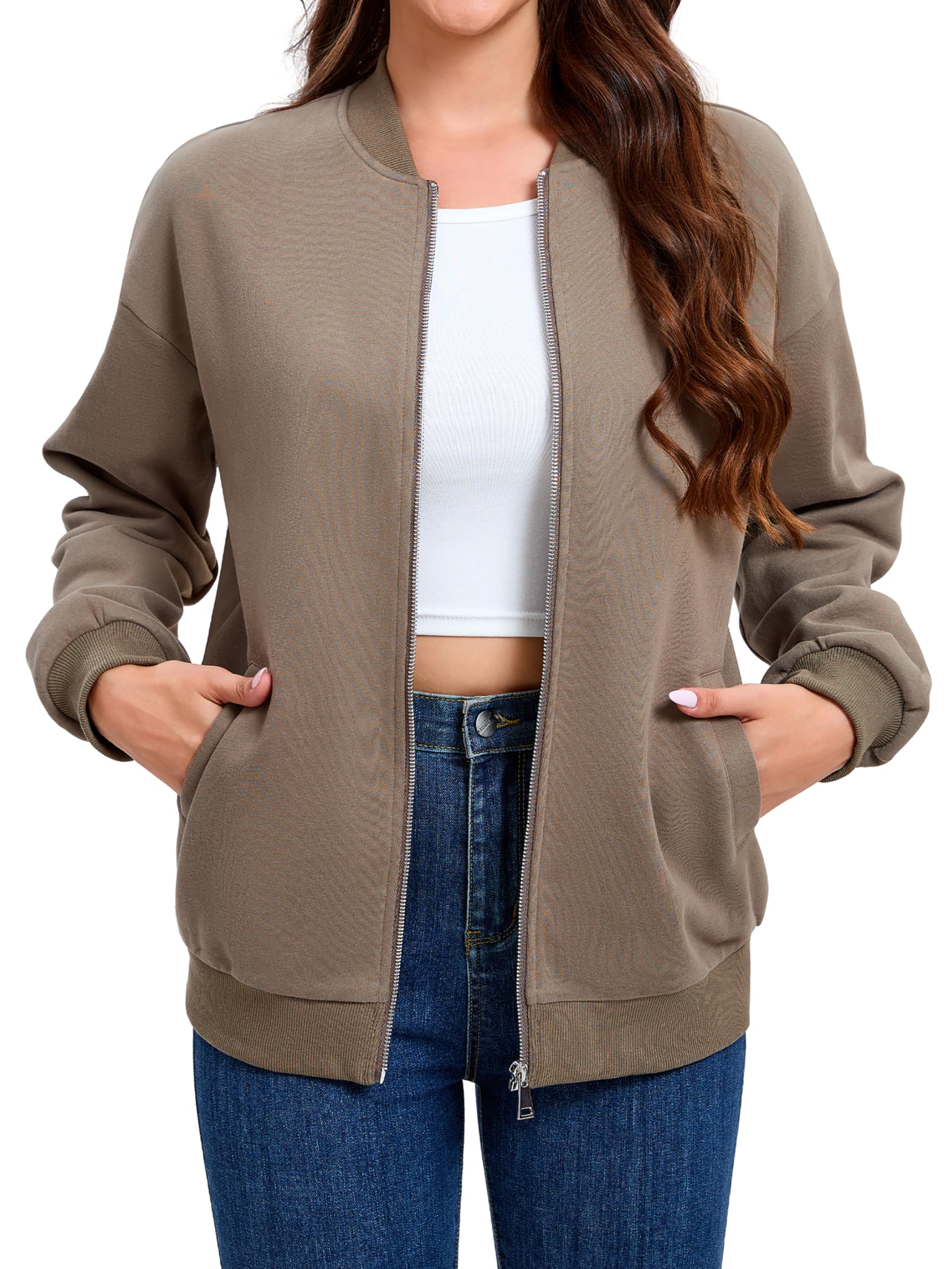 Timuspo Sweat zippé pour femme - Veste de survêtement décontractée - Veste demi-saison - Printemps - Automne - Blouson avec col universitaire - Vêtement d'extérieur - Veste bomber unie
