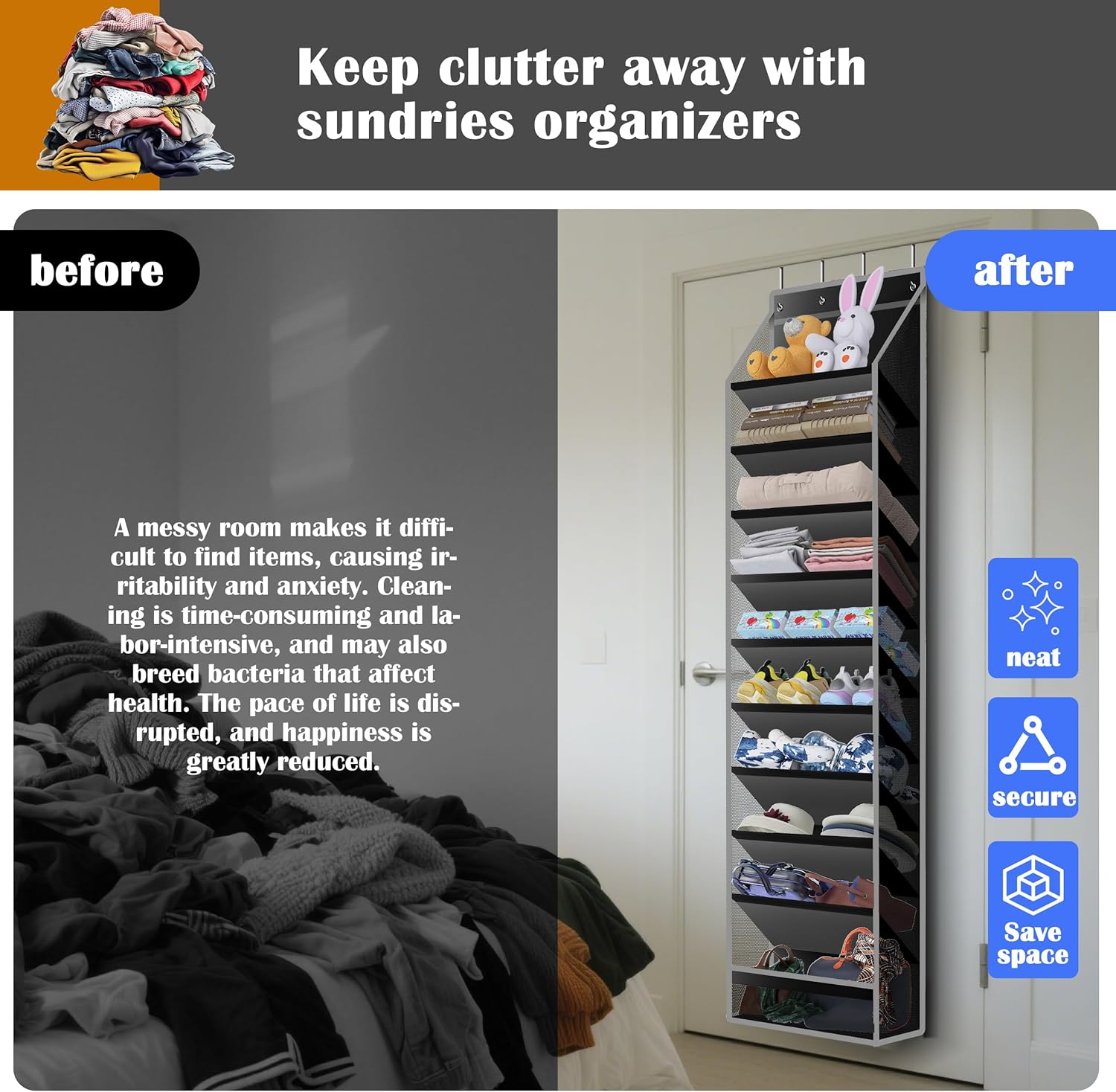 10 - Pocket Over - the - Door Hanging Shoe Organizers & Rack, Made of Sturdy 600D Oxford + Non - Woven Fabric, Space - Saving Storage for Shoes, Boots & More (Black)