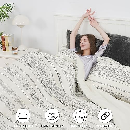 Miniatura 2 de PHF Juego de funda de edredón 100% algodón jacquard tamaño King, juego de funda de edredón con textura bohemia de 3 piezas, funda de edredón teñida