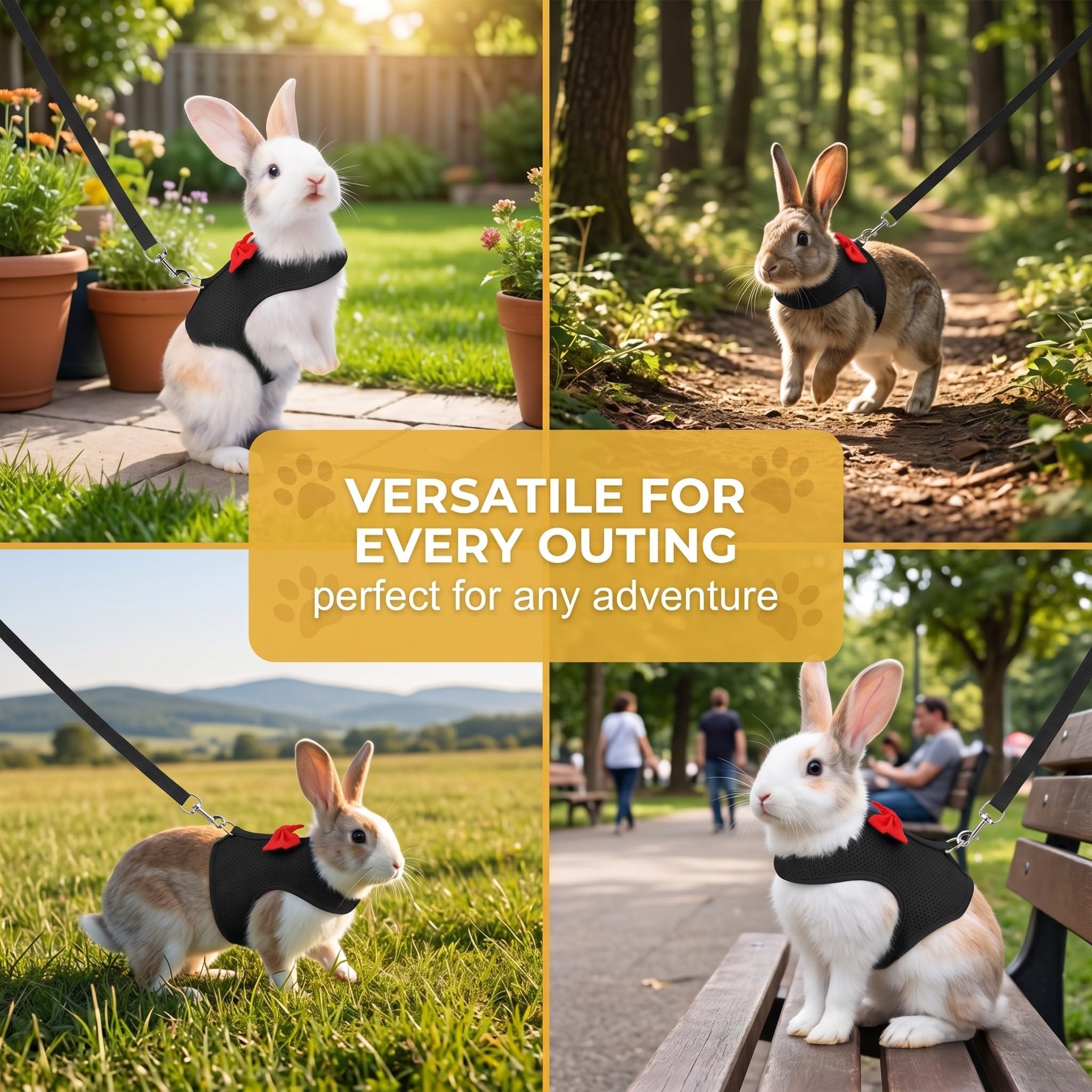 Harnais Lapin avec Laisse Réglable et Respirant - Accessoires pour Lapin Nain et Petits Animaux, Confortable et Sécurisé pour Promenade, Noir, Taille S