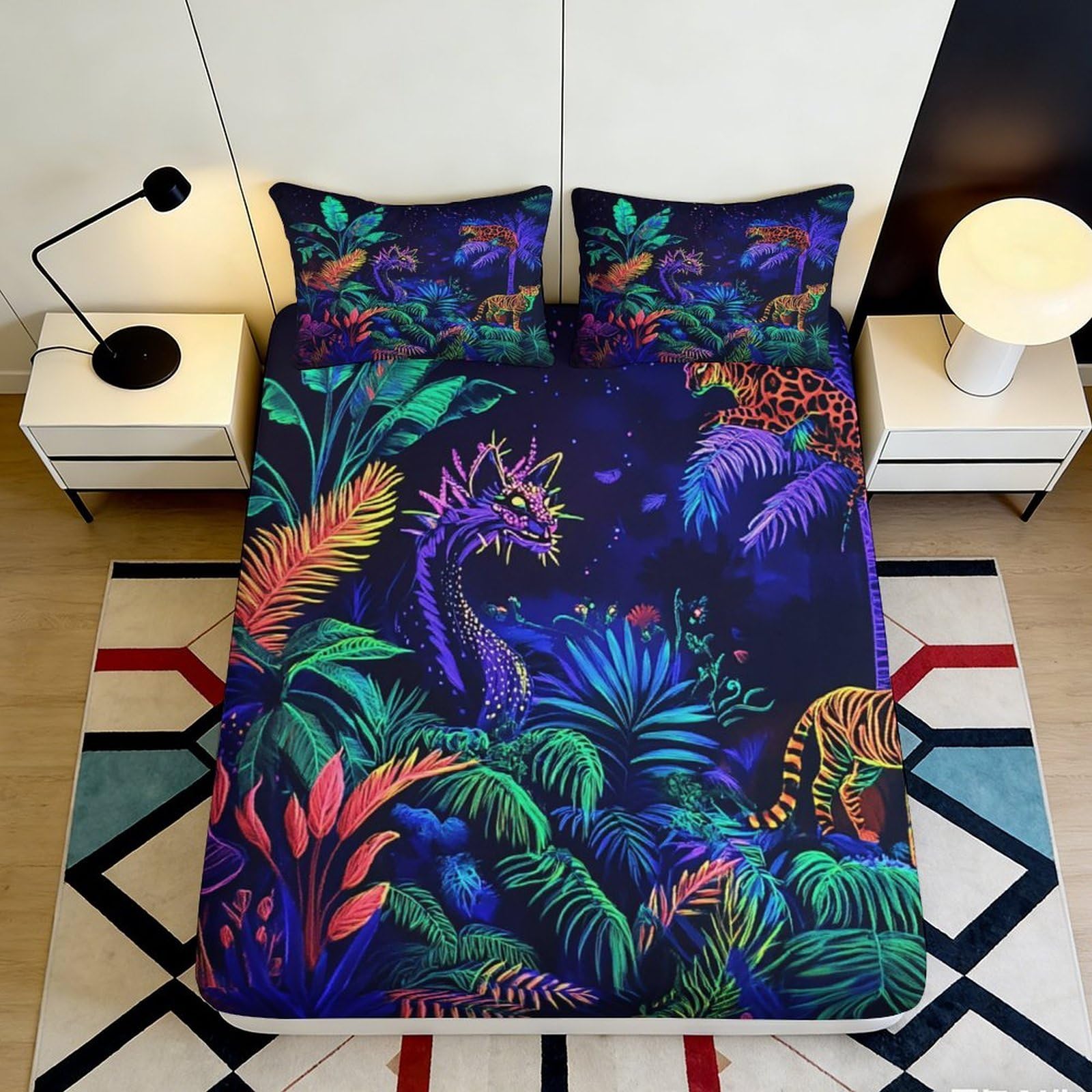 3D Printed Neon Jungle Fitted Sheet Microfiber Soft Mattress Cover Tiger Dragon Pattern for Bedroom Dorm Decor 90x200x25cm