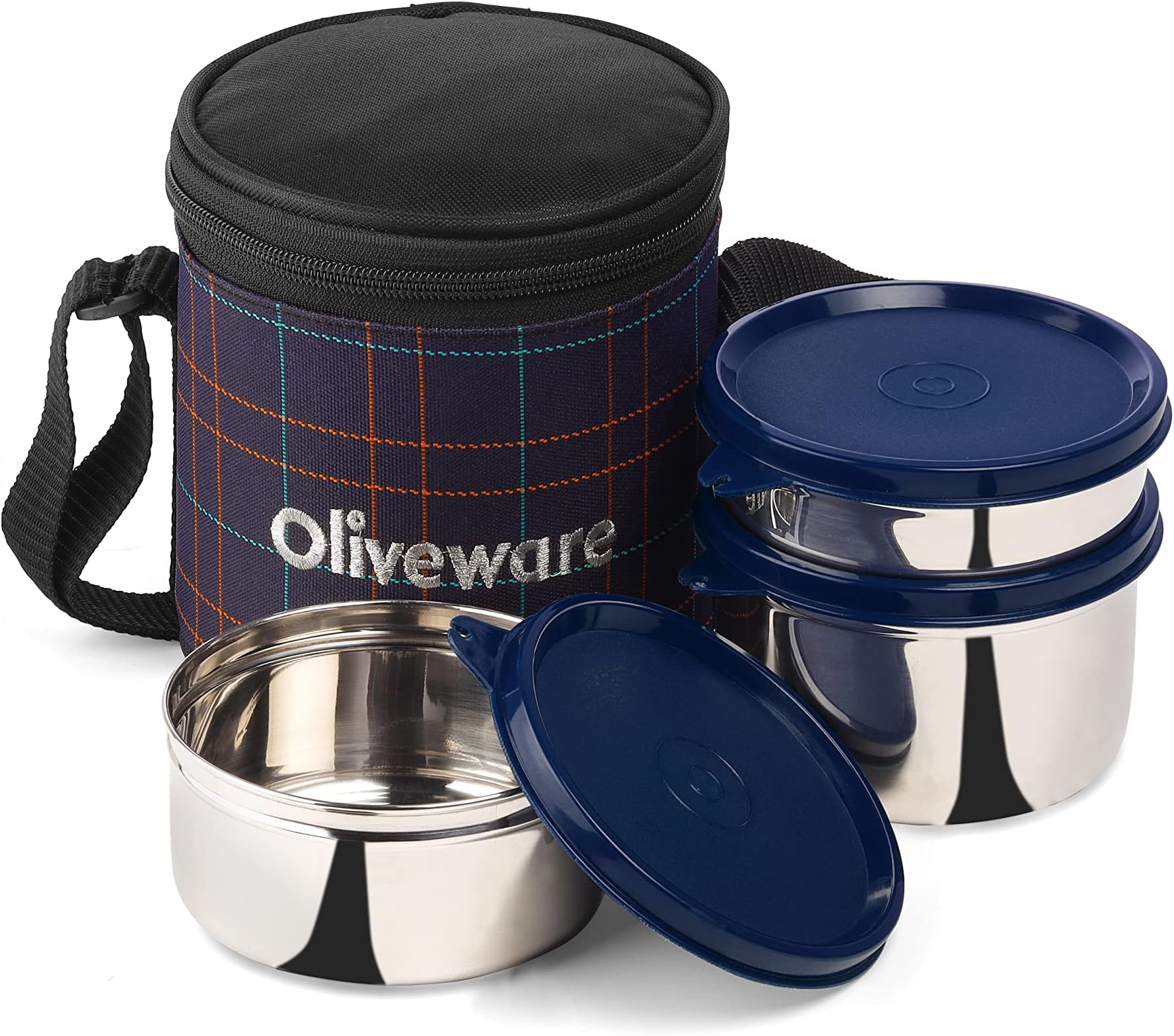 – Oliveware Bliss Lunch Box, 100% Leak Proof, 3 Stainless Steel Containers with BPA Free Airtight Lids (300 ml, 450 ml, 600 ml), Fabric Bag - Blue