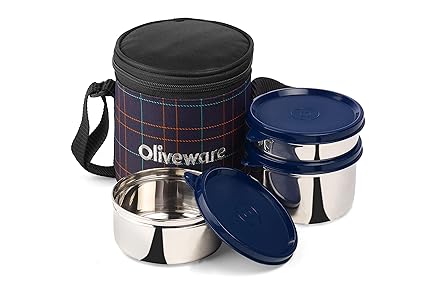 SOPL-OLIVEWARE Bliss Leak Proof Stainless Steel Office Use Full Meal Lunch Box With Insulated Fabric Bag (Blue)