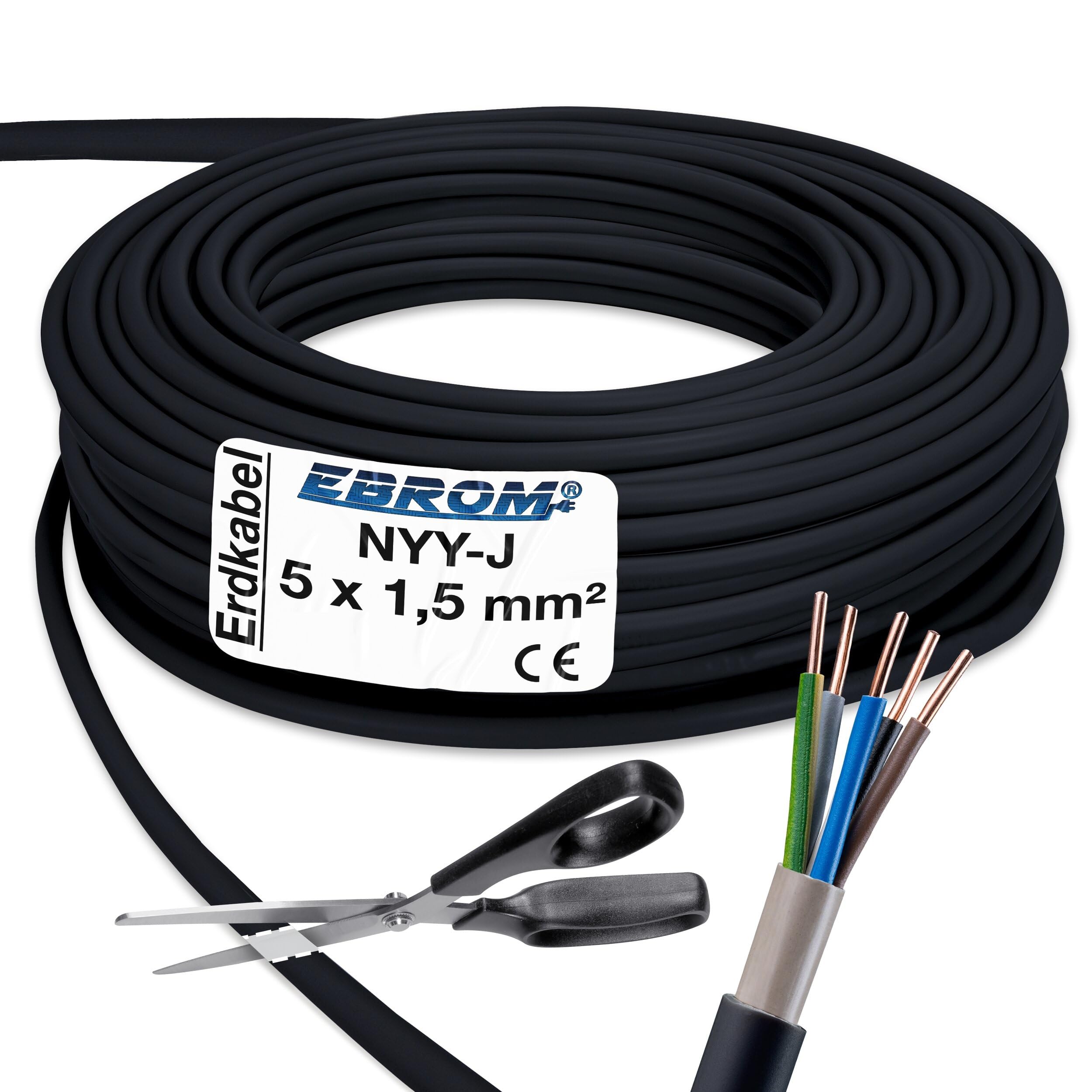 EBROM Erdkabel NYY-J 5x1,5 mm² Starkstromkabel Erdleitung schwarz - 30 m | 10m bis 150 m, Elektrokabel zur Verlegung im freien oder im Erdreich - VDE 0276, Teil 603, Nennspannung: 600/1000V, 5x1,5 mm2