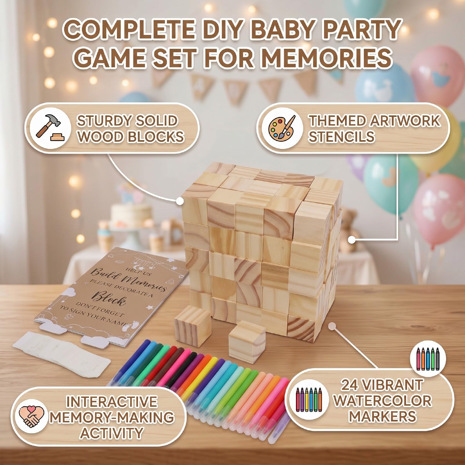 Naroote Zestaw do Dekoracji Klocków na Baby Shower Bloki z Litego Drewna na Baby Shower 147 szt. z 80 Drewnianymi Kostkami 42 Szablony 24 Markery i Znak imprezę rodzinną
