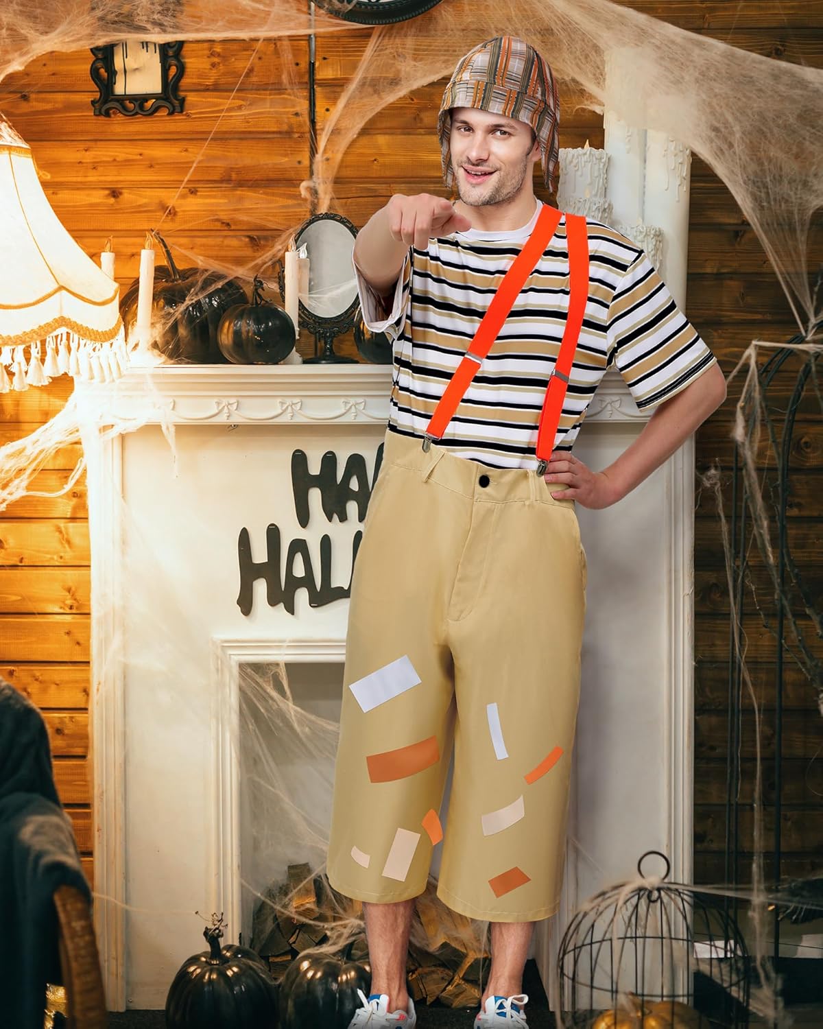 Ramede 9 Pcs Adults Halloween Sitcom Costume Set Striped T-shirt Pants Hat Suspenders Repair Patch for Cosplay Outfits - Image 5