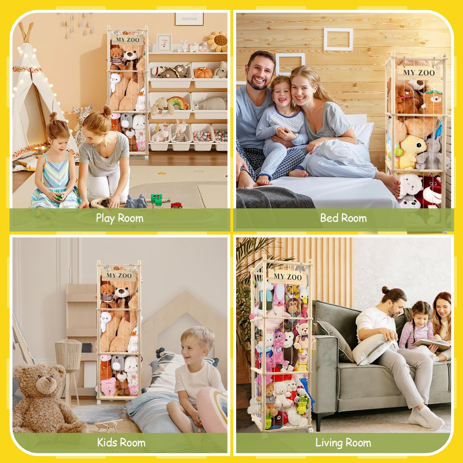 Kuscheltier Aufbewahrung, Holz Stofftier Aufbewahrungsturm, Plüschtier Organizer mit Netz und 360° Drehrollen mit Bremse, platzsparend für Kinderzimmer & Spielzimmer, 137x41x41 cm