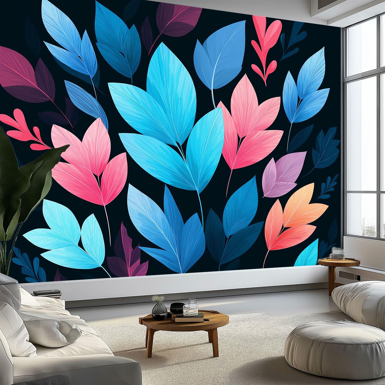 Panoramiczna tapeta 250 x 175 cm (szer. x wys.), czarna włóknina malowidła ścienne - kreskówka śliczne kolorowe liście dekoracja ścienna do salonu przedpokoju biura