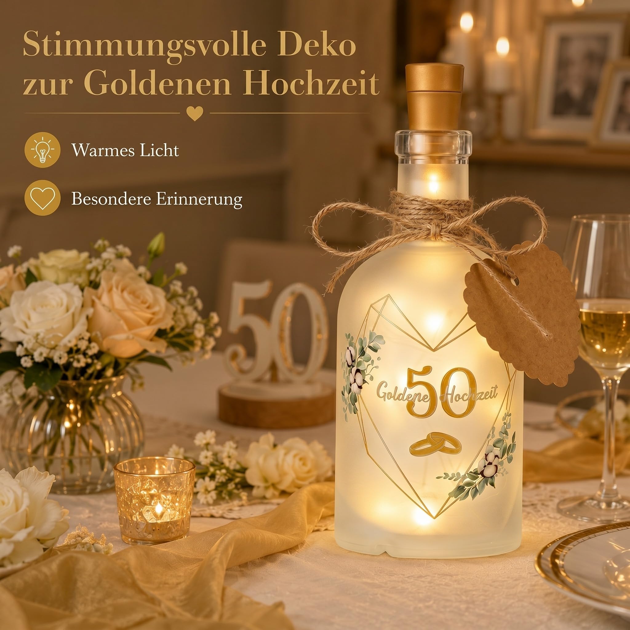 BBTO LED Flaschenlicht mit Spruch Goldene Hochzeit, Geldgeschenke Verpackung 50 Hochzeitstag Beleuchtete Dekoflasche, Hochzeitsgeschenk Jahrestag Geschenk für Eltern Paare Silberhochzeit Jubiläum