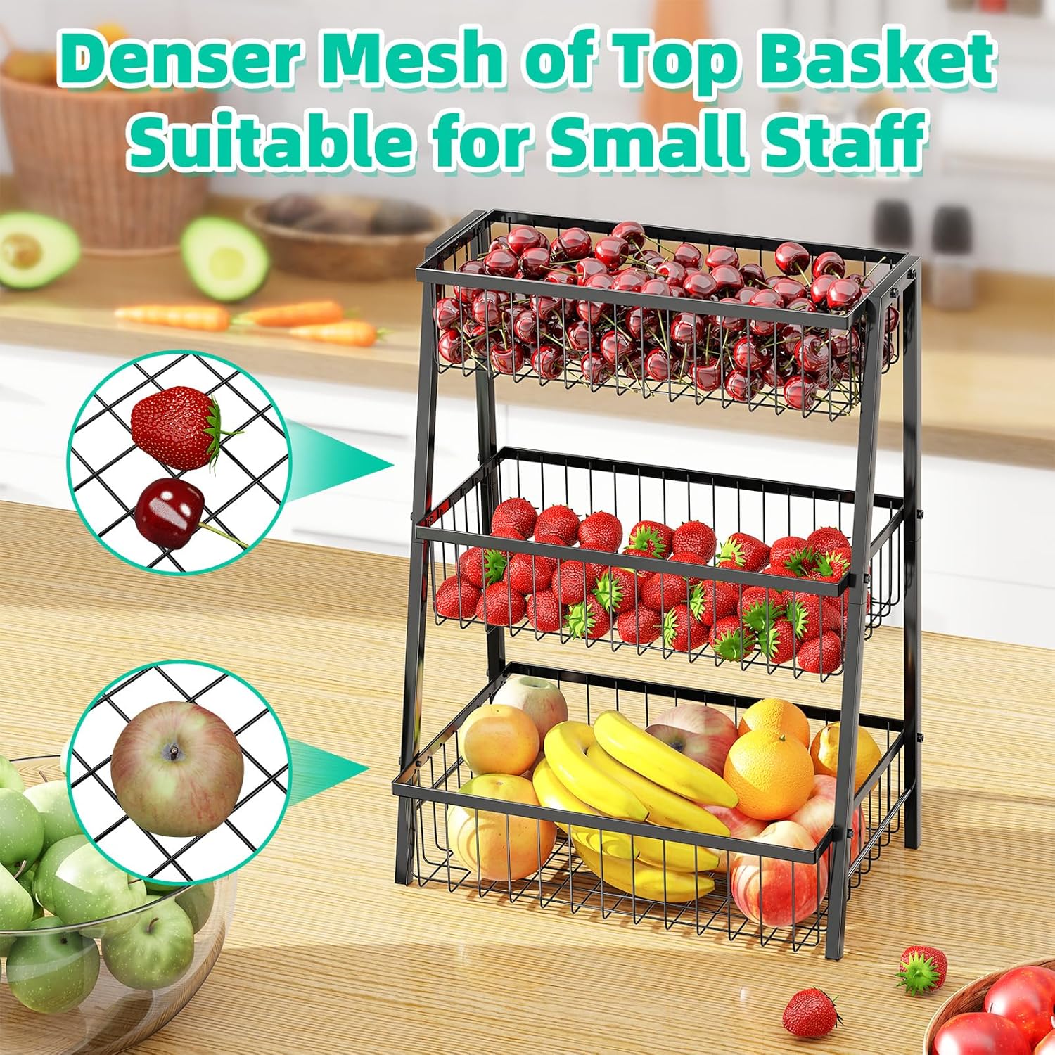 Simple Trending 3-Tier Trapezoidal Fruit Basket with 4 Banana Hooks, Extra Large Metal Wire Kitchen Organizer for Countertop - Rust-Proof for Fruits, Vegetables, Snacks, Bread Storage, Black - Image 2