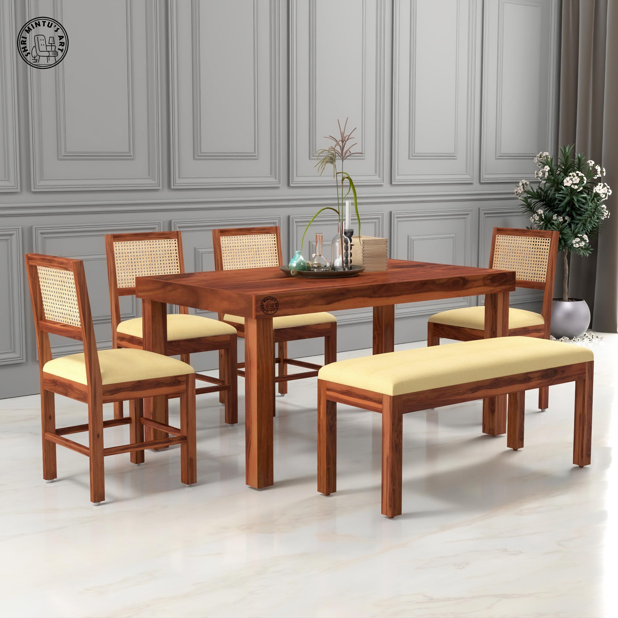 SHRI MINTU'S ART Solid Wood -Seater Dining Table Set with 4 Cushioned Chairs & Bench | Sheesham Wood Dining Set for Home | Wooden Dining Furniture for Kitchen & Dining Room (Honey Finish)