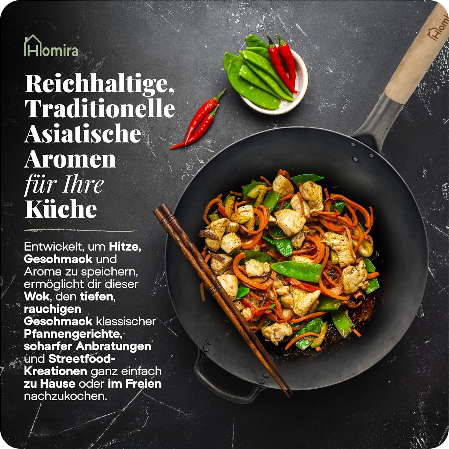 Homira Wok 36 cm handgehämmert aus Karbonstahl mit flachem Boden und Holzgriff – traditionelle PFAS-freie Wokpfanne für alle Herdarten, Gas, Grill & Outdoor (Flacher Boden)