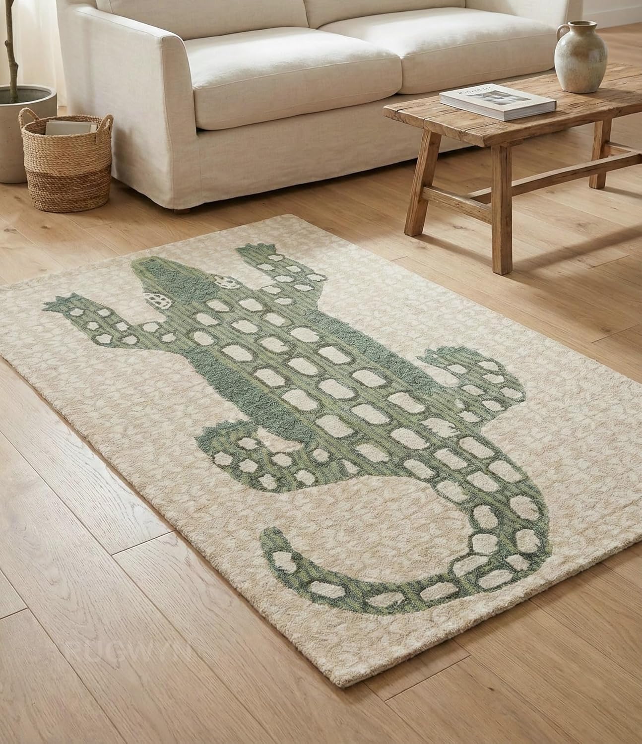 Hand-Tufted Alligator Wool Area Rug – Beige & Green Crocodile Animal Pattern, Soft & Plush Textured Carpet for Bedroom, Kids Room, Living Room & Nursery, & Hallway (Beige, Green, 2.6' x 8')