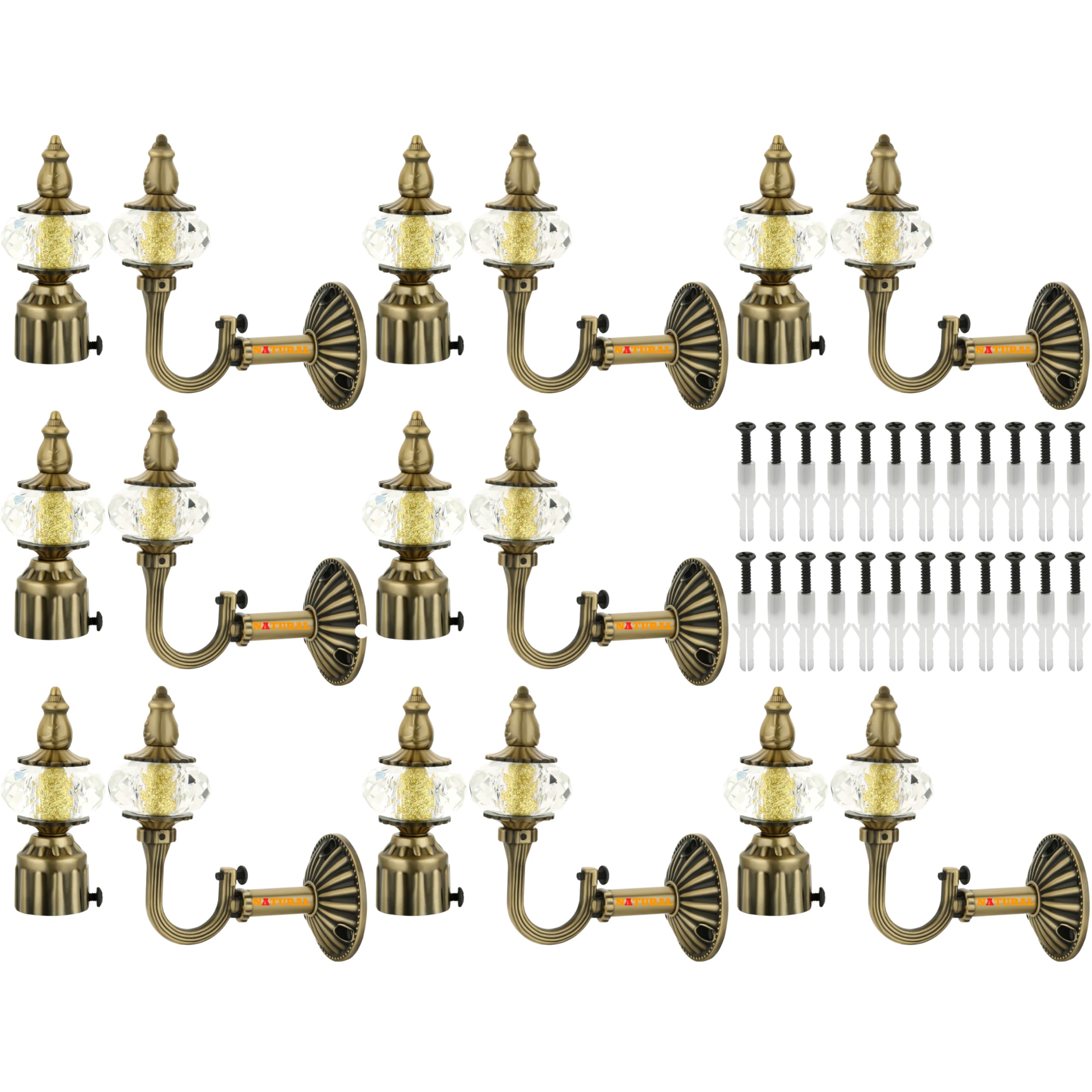 Natural Heavy Duty Aluminum Royal Luxury Design Curtain Bracket/Finial and Curtain Support with Screw/Wallplug for Window Fittings Suitable Upto 1 Inch Pipe. (8 Set, Antique Brass)