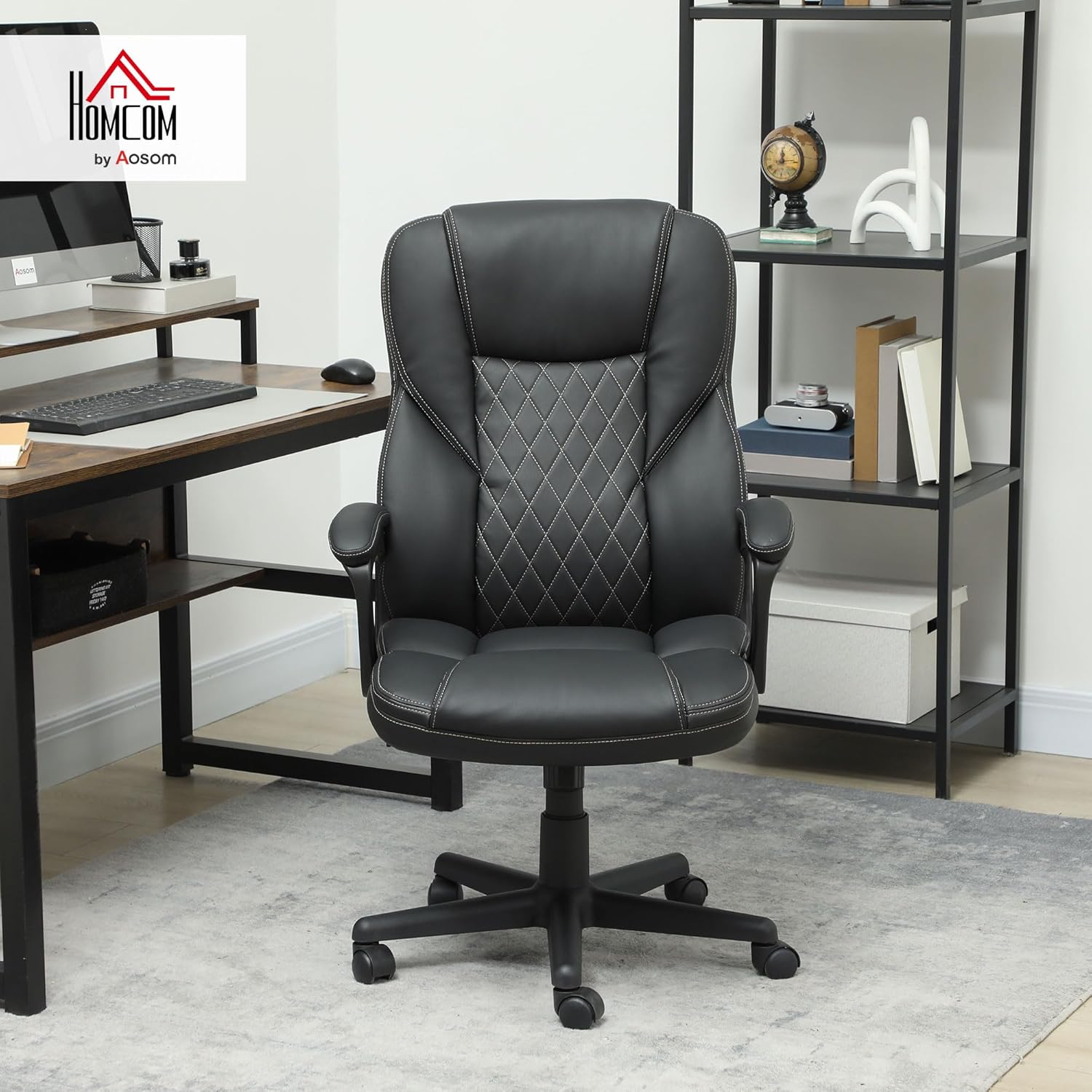 Detailed dimensions of the HOMCOM Executive Office Chair from front and side views.
