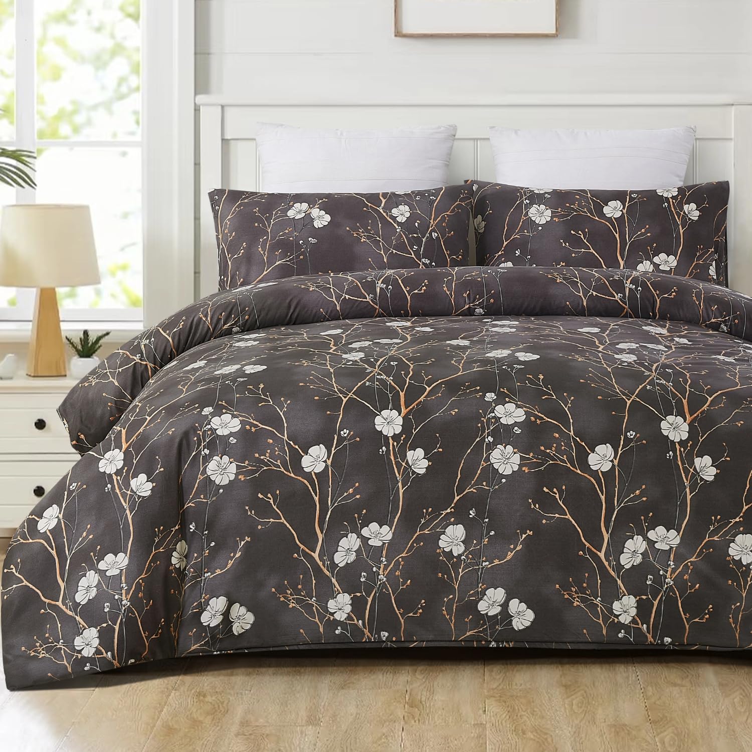 YEPINS Microfiber Quilt Duvet Cover Set with Zipper Closure and Corner Ties, Tree Branch Printed Pattern (Black Botanical Floral, King)