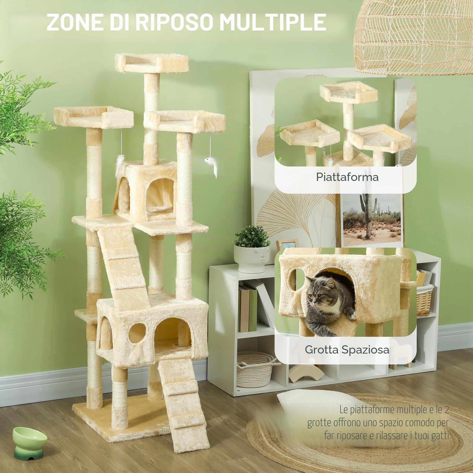 Albero tiragraffi per Gatti, 50 x 50 x 170 cm, per Dormire, Giocare, Centro attività, graffiare, Colore: Grigio Neutro (Beige)