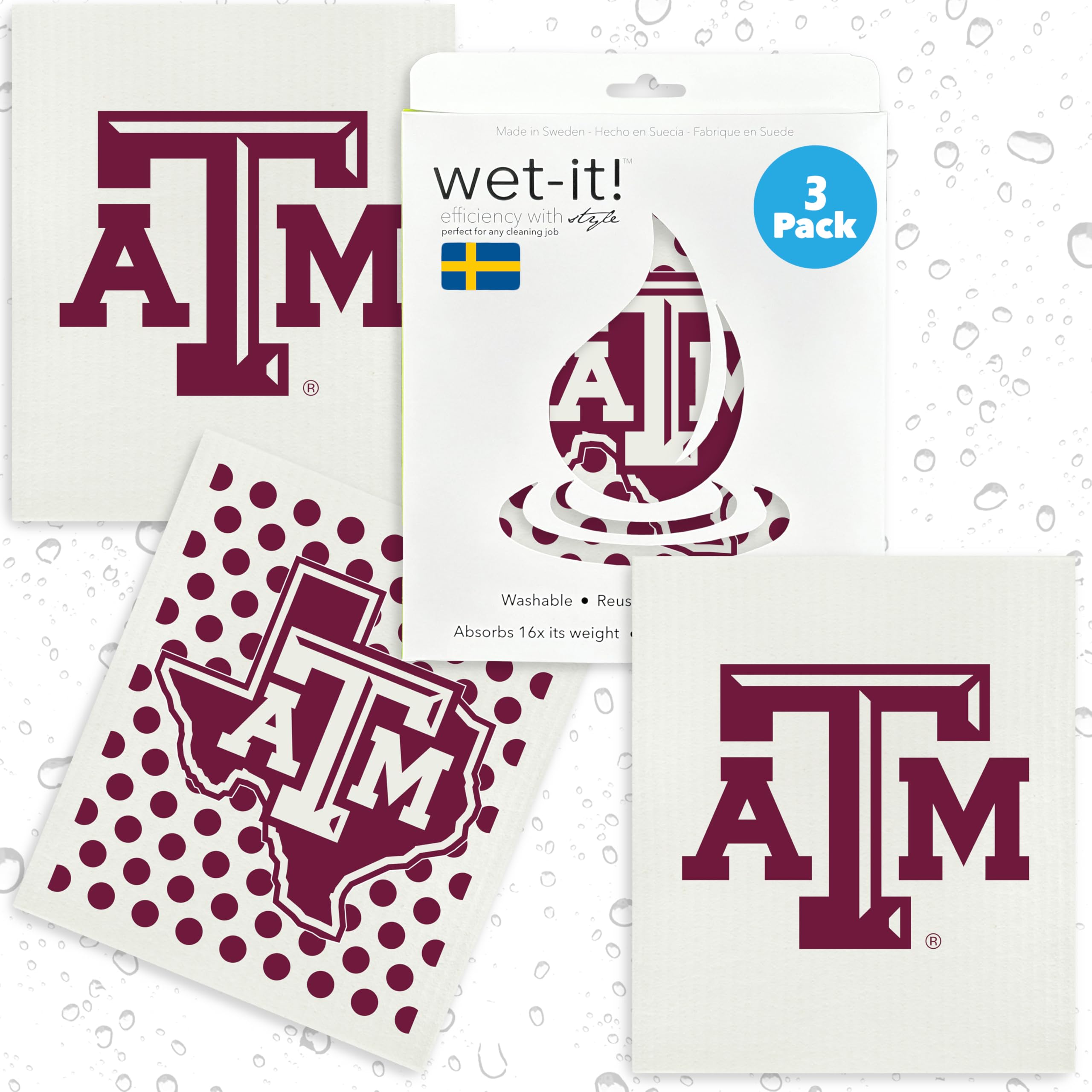 Texas A&M University-3 Pack Swedish Dishcloths- Reusable Kitchen Towel for Dishwashing and Home Cleaning- Eco-Friendly Alternative to Paper Towels and Wipes- Machine Washable and Dryer Safe