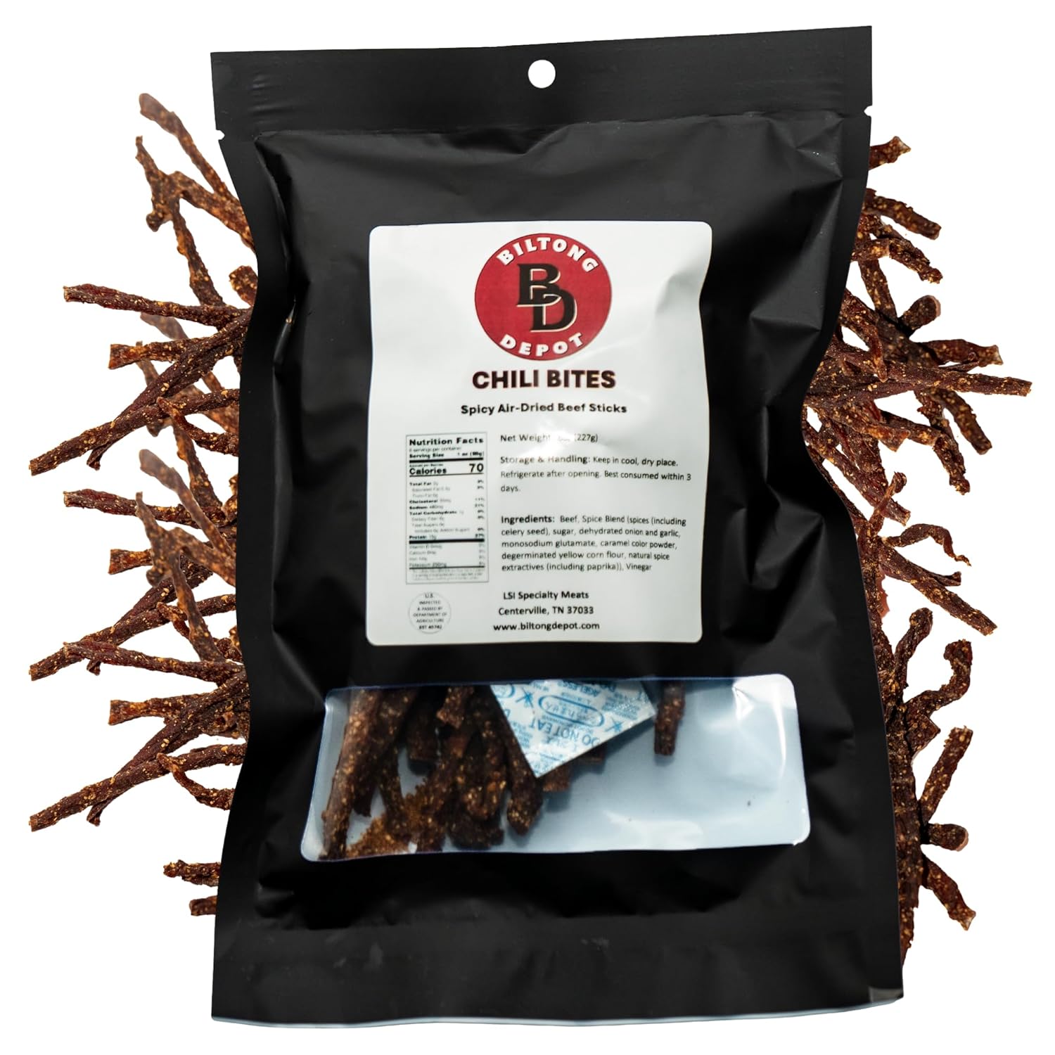 Biltong Depot Chili Bites - 8oz | Thin Sliced Air-Dried Beef Sticks | Spicy Beef Jerky Snack | High Protein | Keto & Paleo Friendly | Zero Sugar | Gluten Free