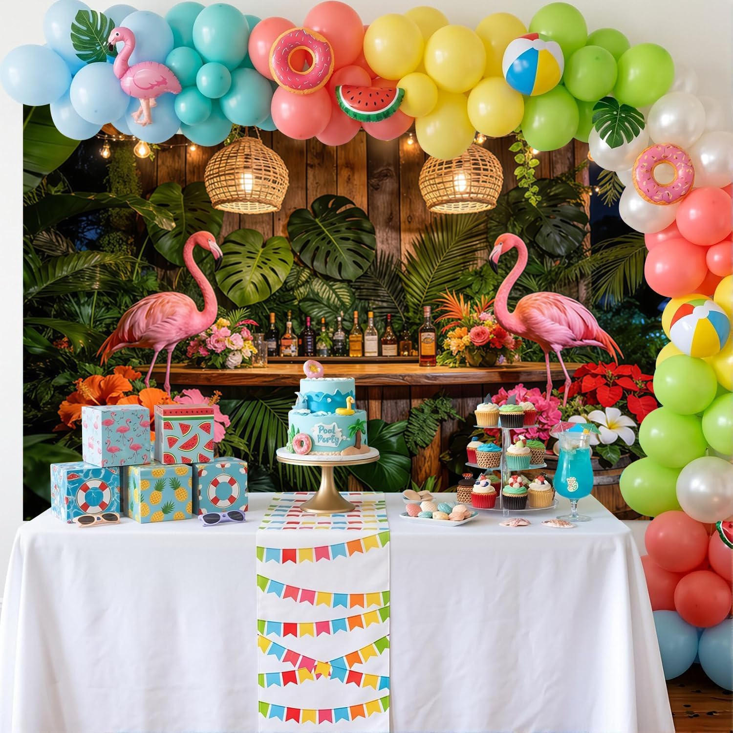 10x8ft Hawaiian Backdrop Tropical Night Tiki Bar Backdrops for Photoshoot Flamingo Green Leaves Wooden Glitter Summer Photography Background for Luau Party Cocktail Night Decorations Photo Props