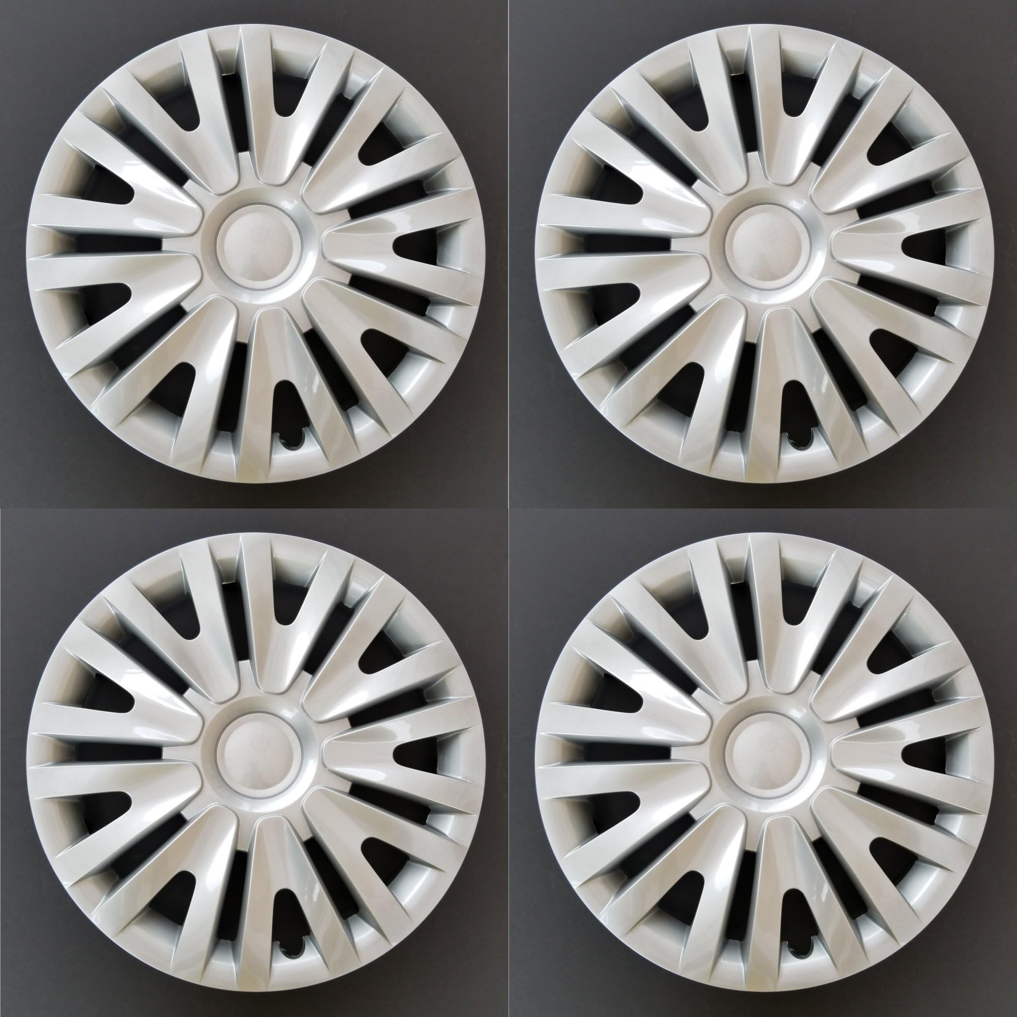 New Wheel Covers Replacements Fits 2010-2014 Volkswagen Golf / 2012-2013 Volkswagen Golf R, 15 Inch; 9 Split Spoke; Silver Color; Plastic; Set of 4; Spring Steel Clip