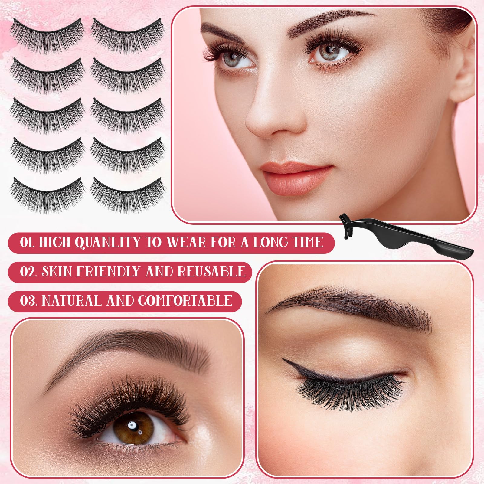 Nuogo 24 Pairs Reusable Self Adhesive Eyelashes No Glue Needed False Eyelashes Natural Look Easy to Apply Eye Lashes with Fake Eyelash Extension Applicator Tool (Thick Style,12 x 8 x 8 mm)